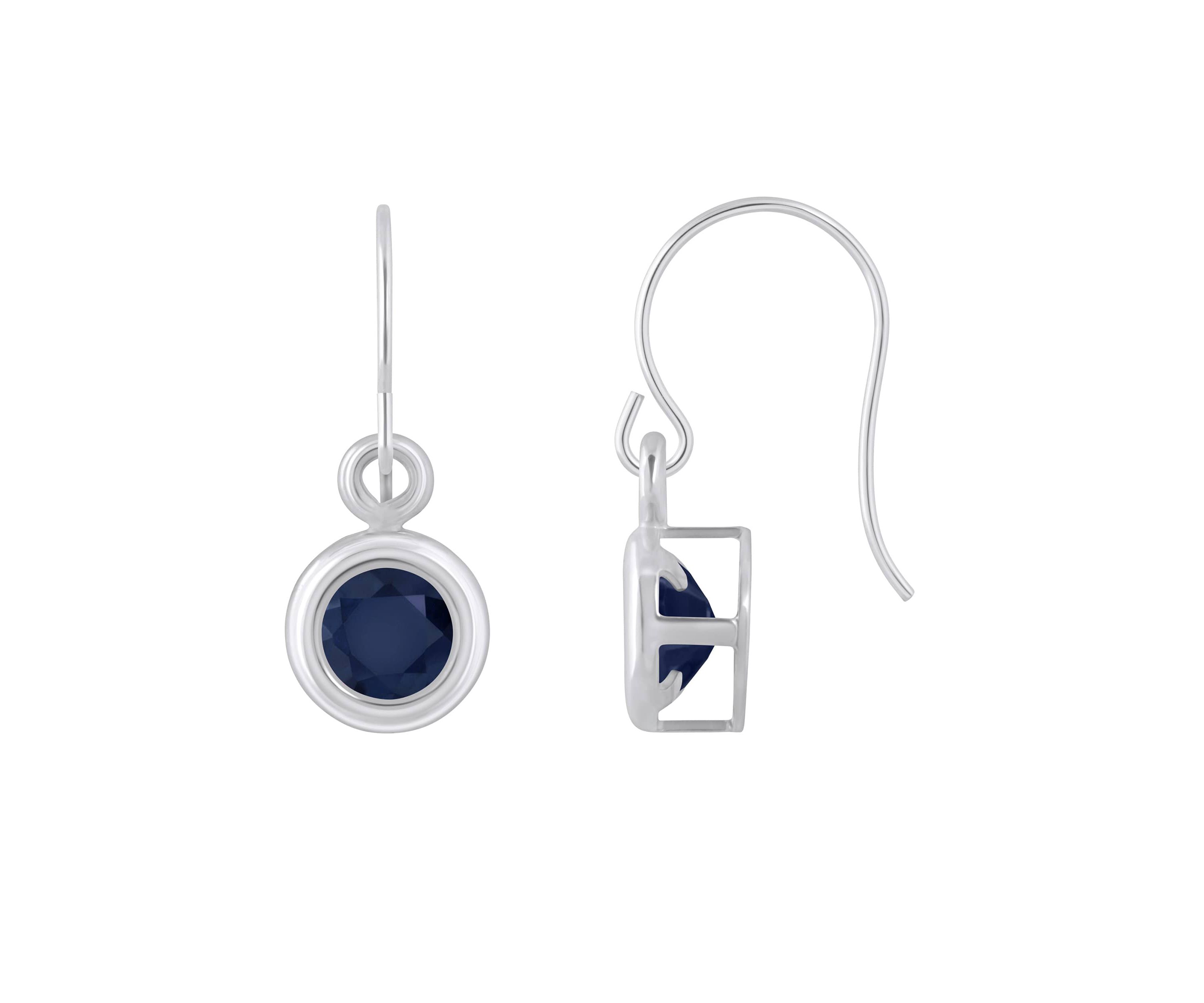 Sterling Silver 4mm Round Sapphire Drop Earrings