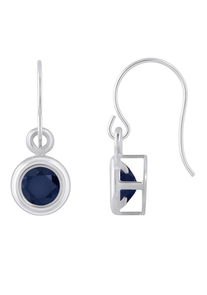 Sterling Silver 4mm Round Sapphire Drop Earrings
