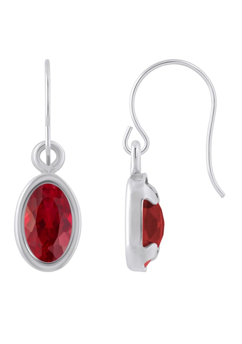 Lab Created Sterling Silver 6x4mm Oval Created Ruby Drop Earrings