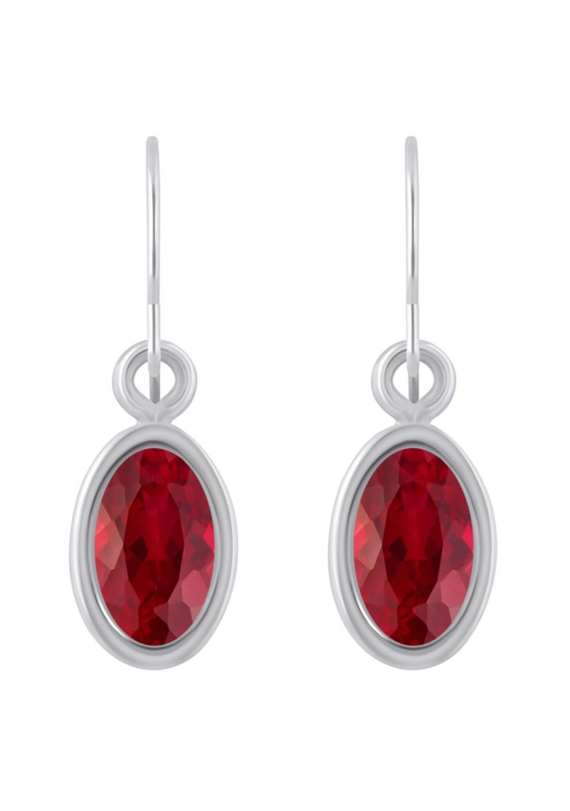 Lab Created Sterling Silver 6x4mm Oval Created Ruby Drop Earrings