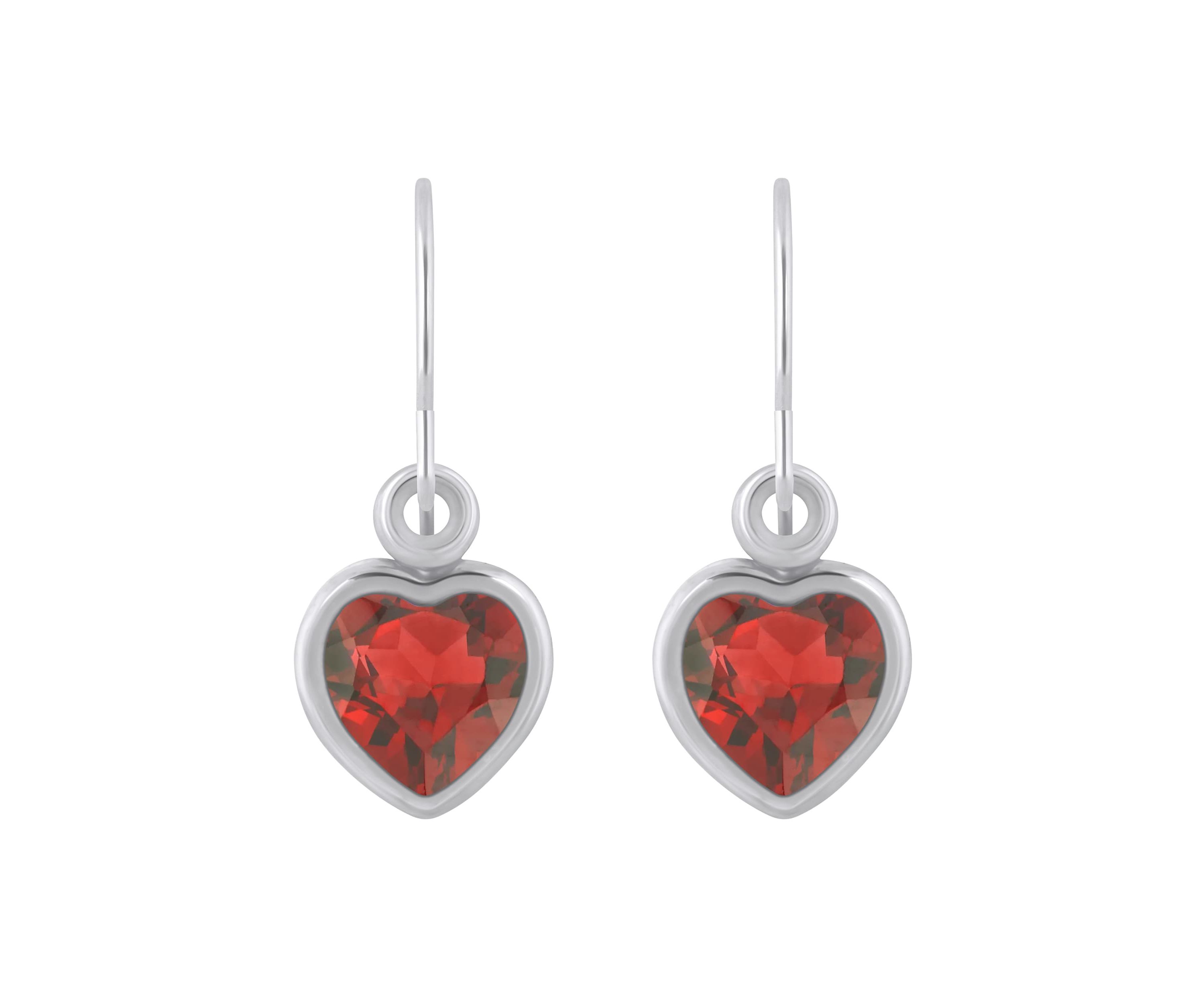 Sterling Silver 5mm Heart Shape Garnet Drop Earrings