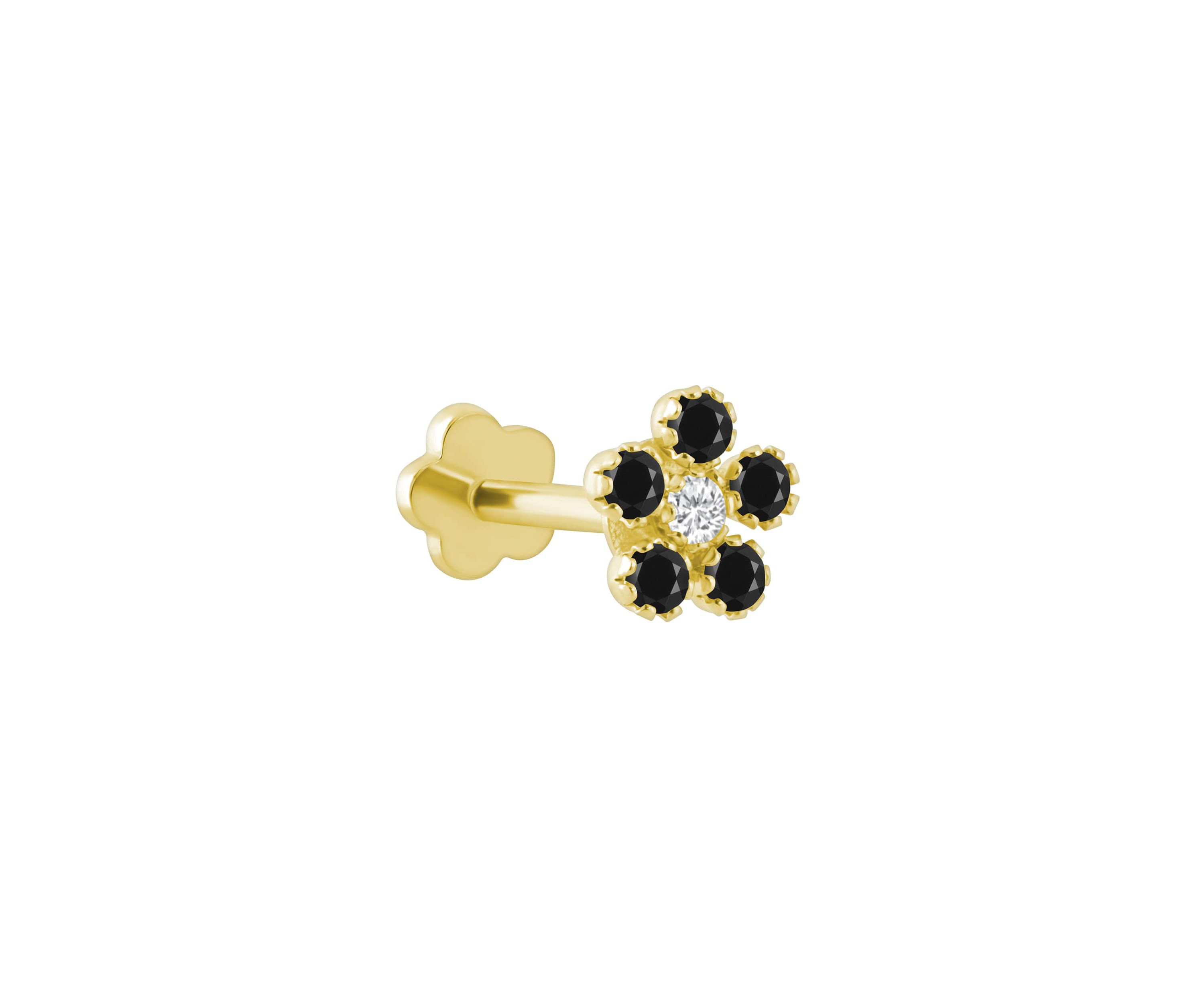14K Yellow Gold Black Onyx Flower Cluster Labret Earring