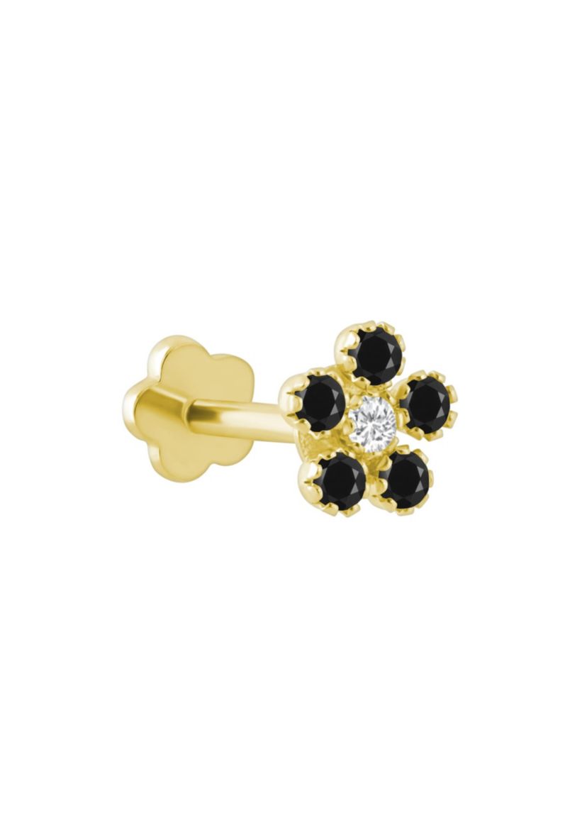 14K Yellow Gold Black Onyx Flower Cluster Labret Earring