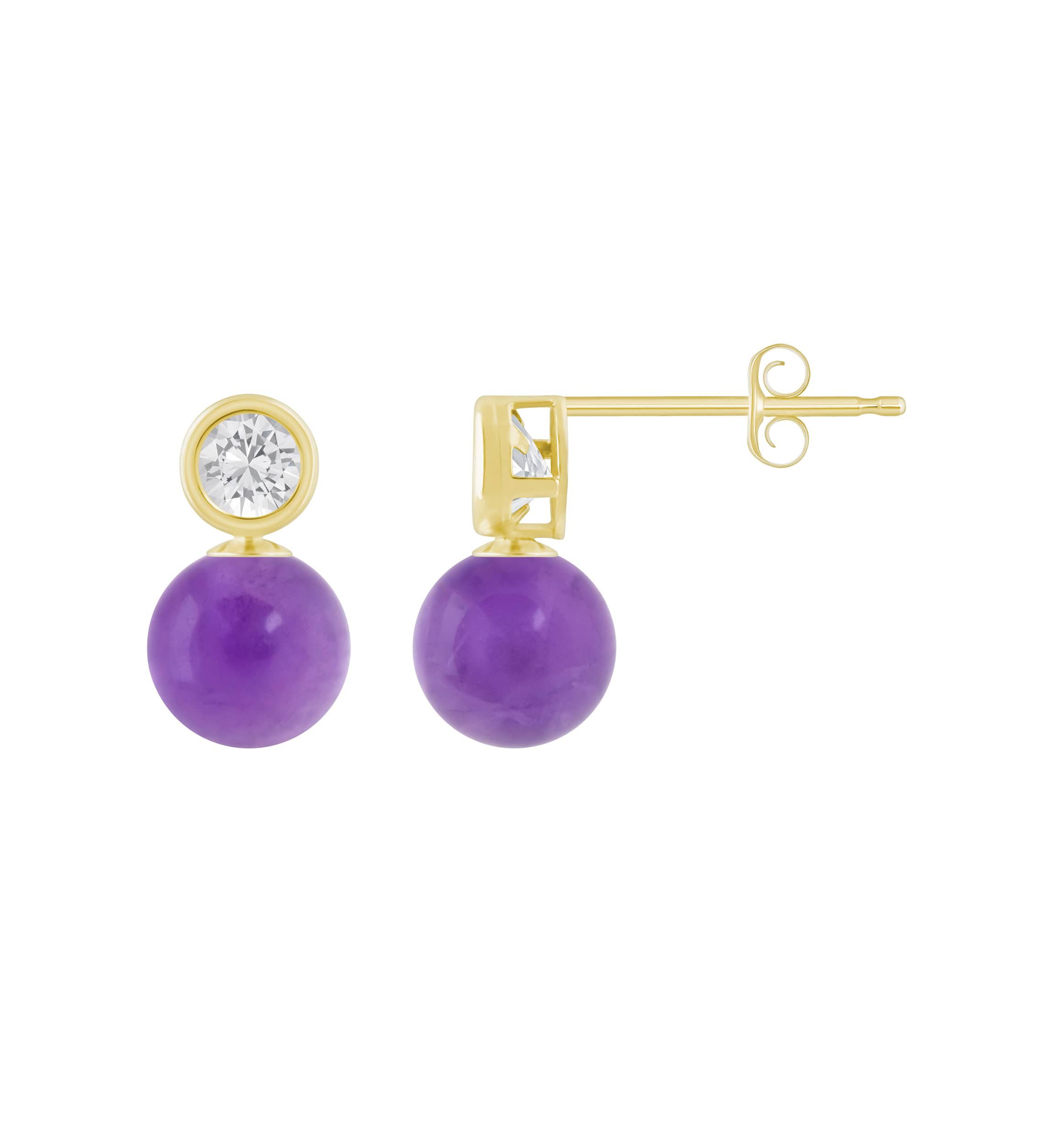 10K Yellow Gold 5mm Sphere Cape Amethyst & White Topaz Accents Drop Earrings