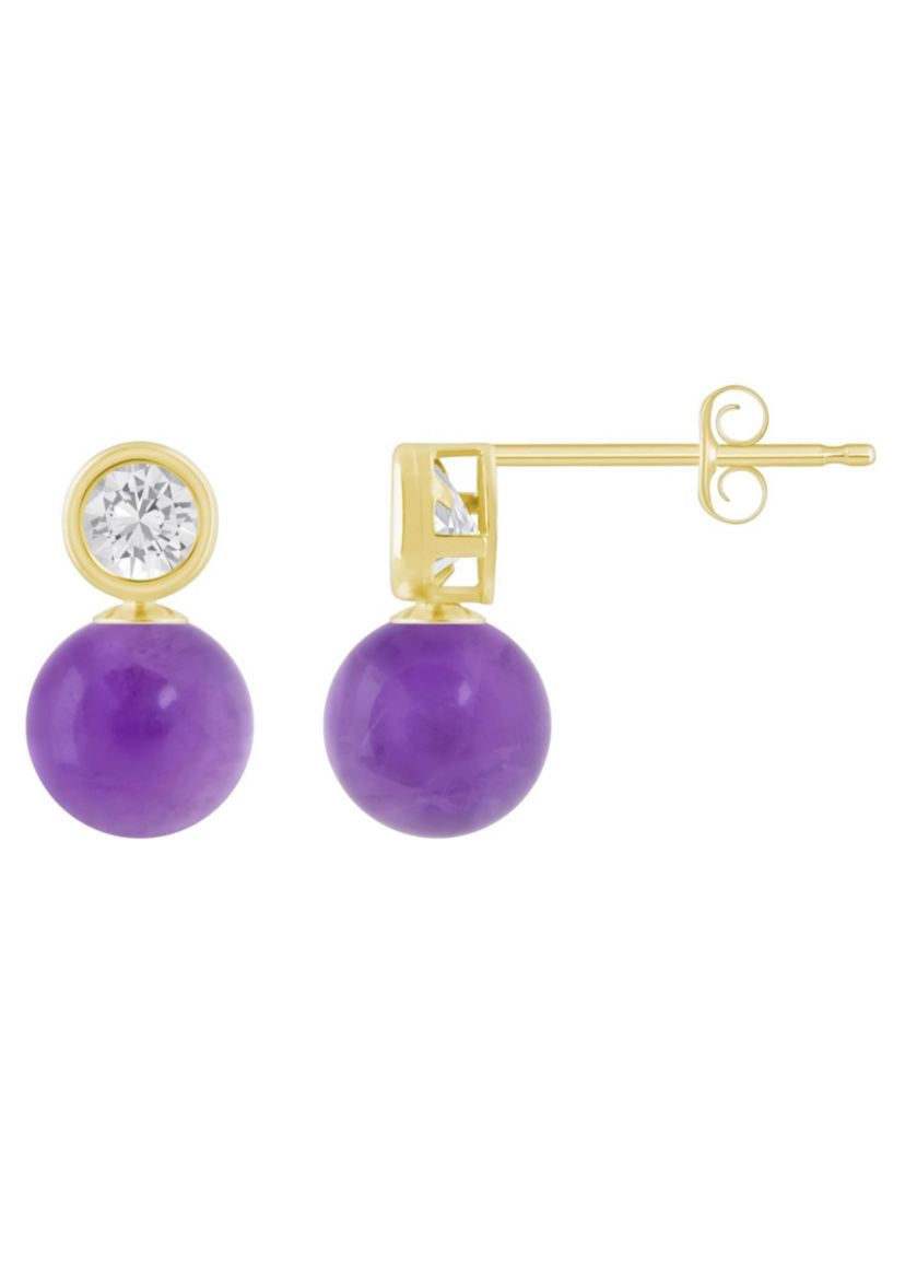 10K Yellow Gold 5mm Sphere Cape Amethyst & White Topaz Accents Drop Earrings