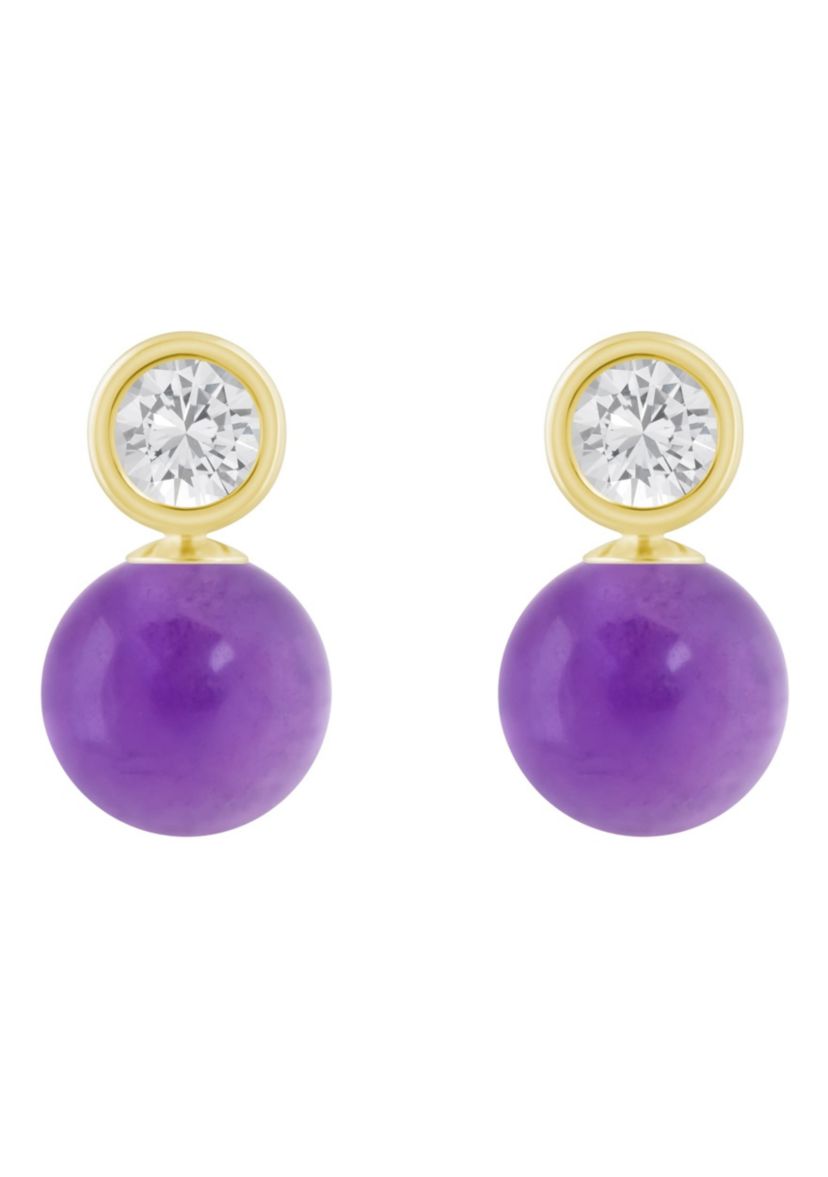 10K Yellow Gold 5mm Sphere Cape Amethyst & White Topaz Accents Drop Earrings