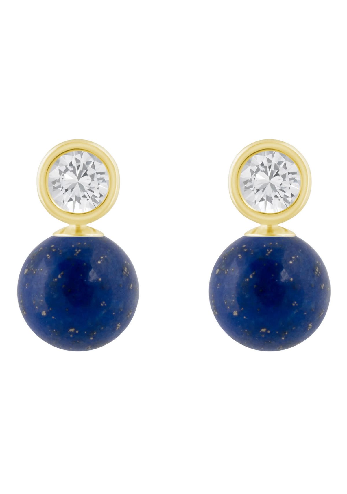10K Yellow Gold 5mm Sphere Lapis & White Topaz Accents Drop Earrings