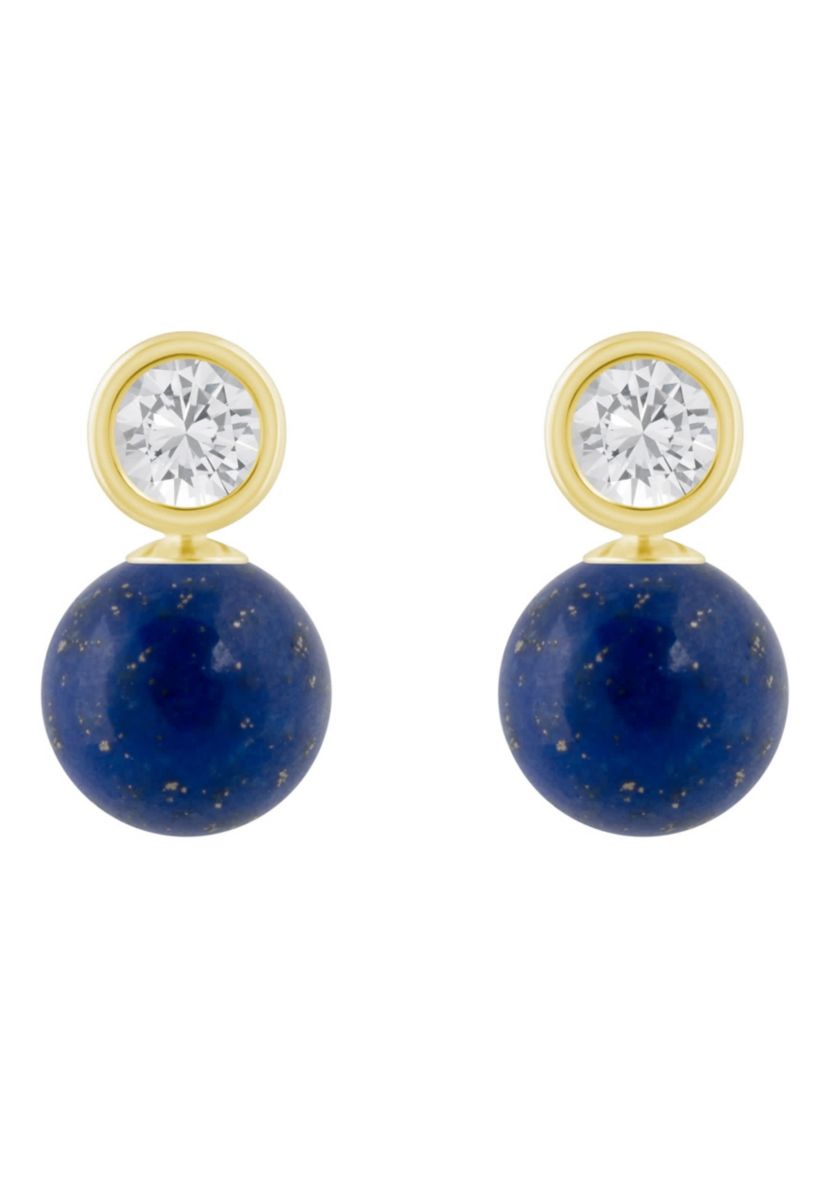 10K Yellow Gold 5mm Sphere Lapis & White Topaz Accents Drop Earrings