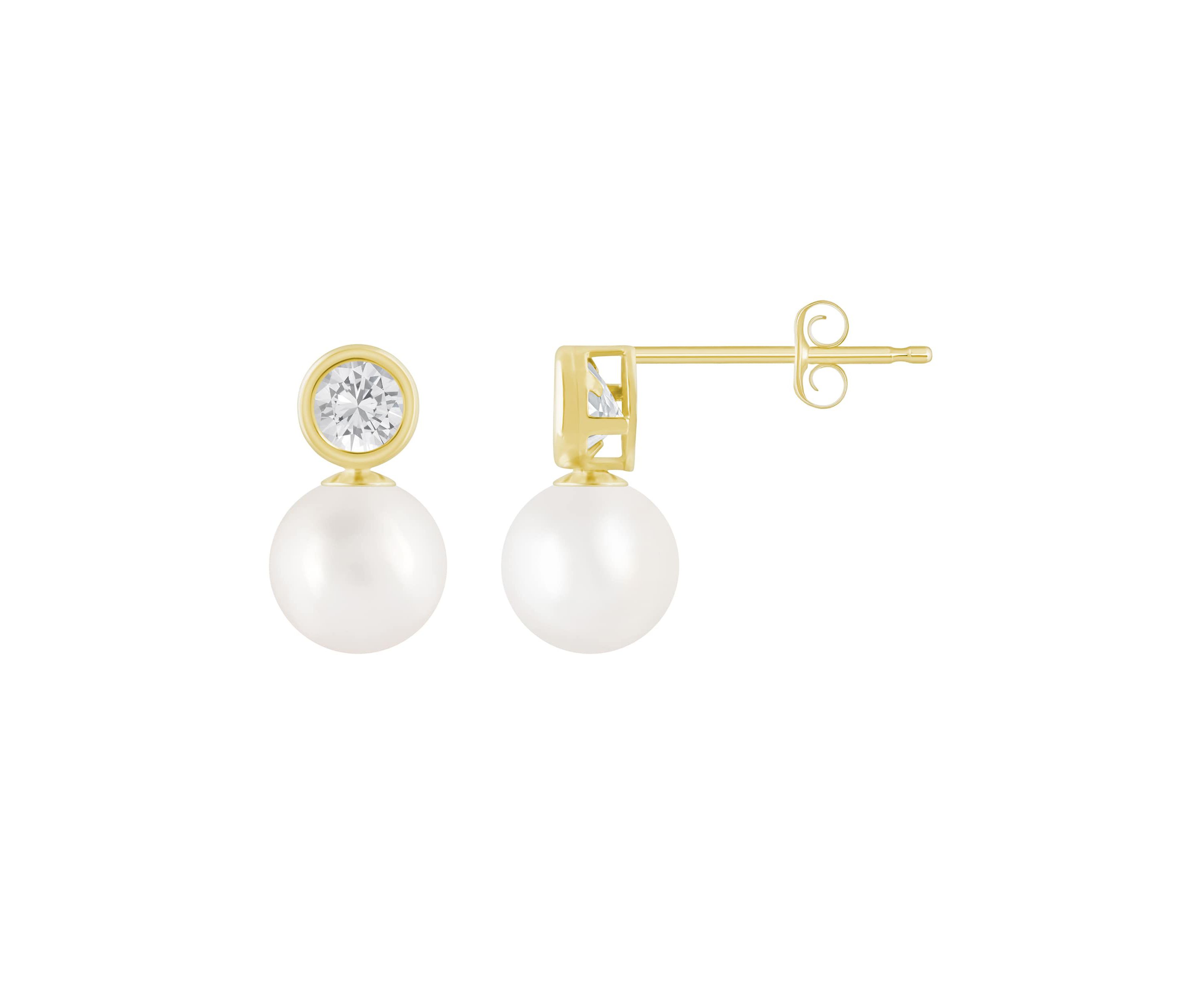 10K Yellow Gold 5mm Round Pearl & White Topaz Accents Drop Earrings