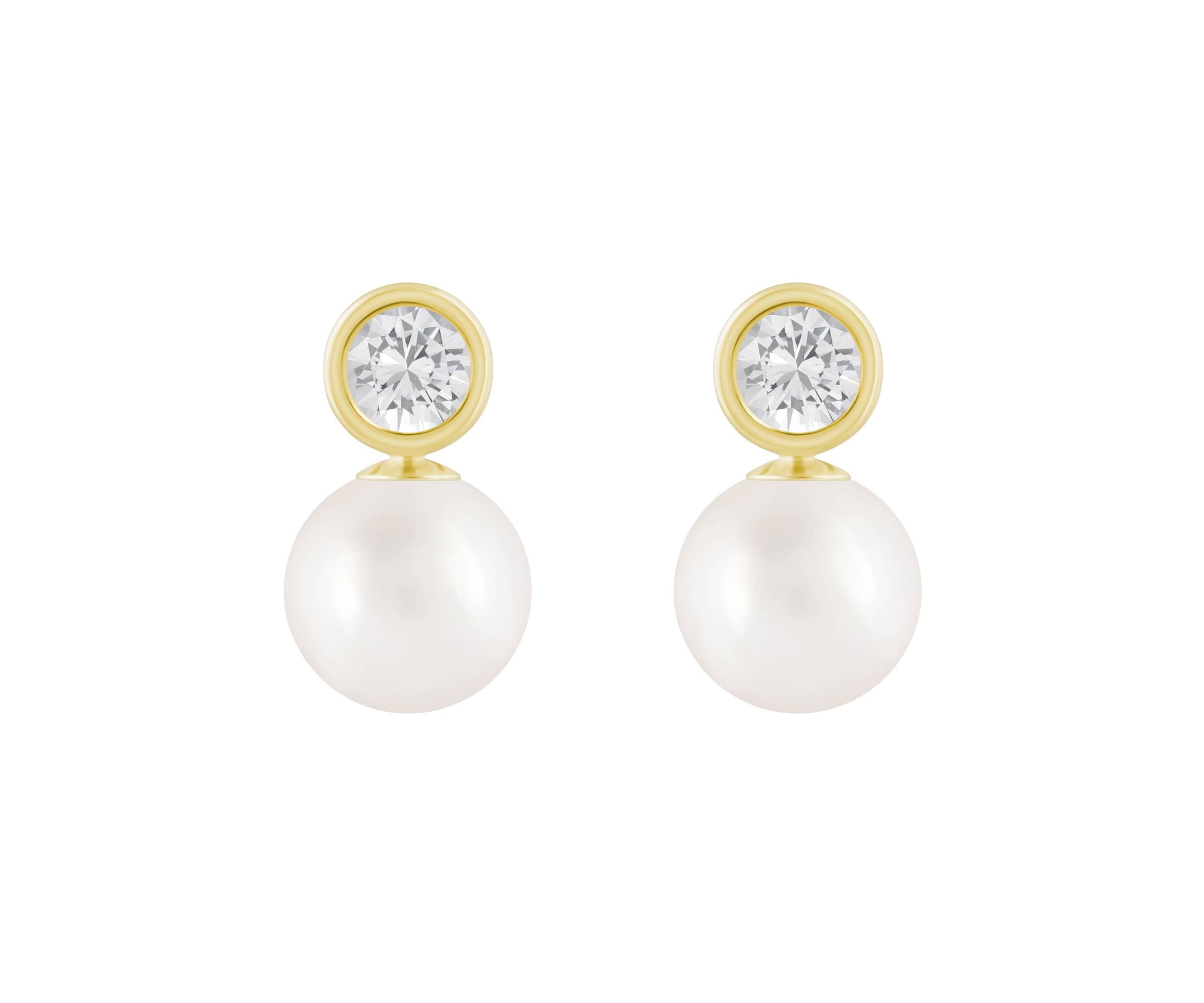 10K Yellow Gold 5mm Round Pearl & White Topaz Accents Drop Earrings