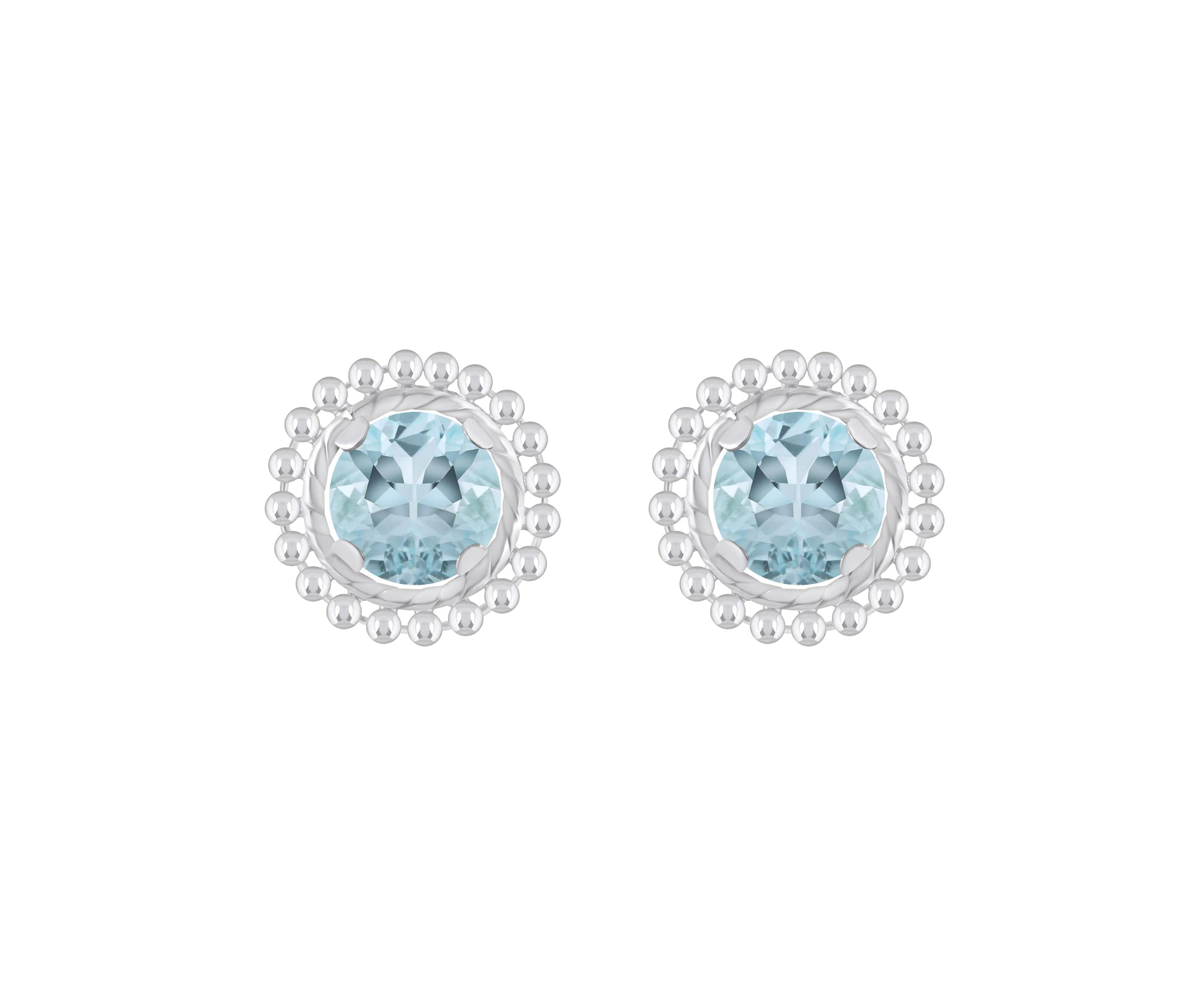 Sterling Silver 5mm Round Aquamarine Beaded Martini Stud Earrings