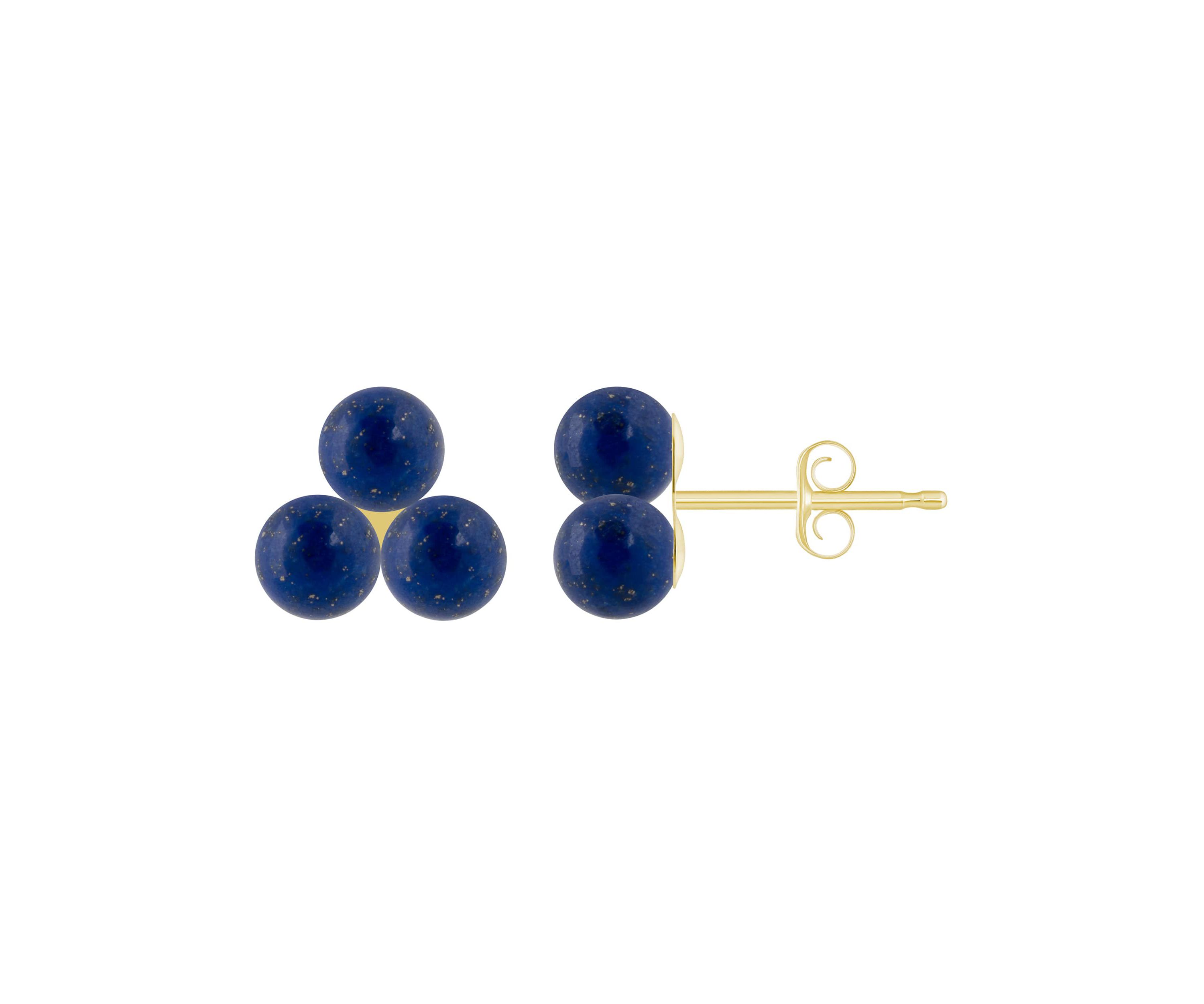 10K Yellow Gold 4mm Sphere Lapis Trio Cluster Earrings
