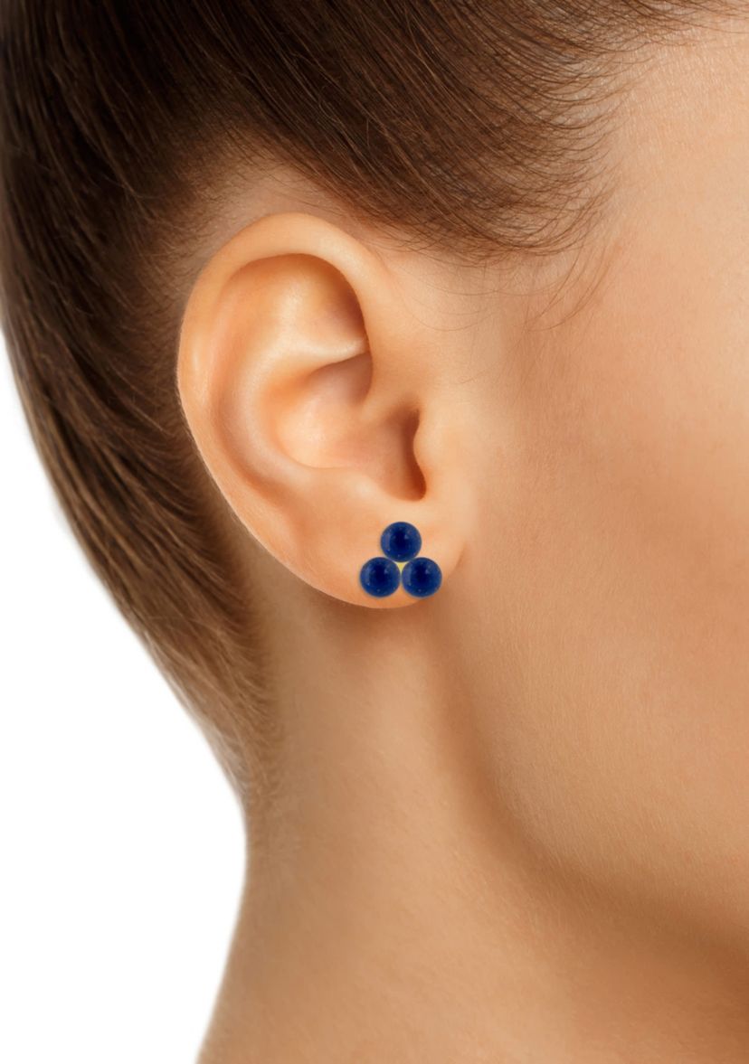 10K Yellow Gold 4mm Sphere Lapis Trio Cluster Earrings