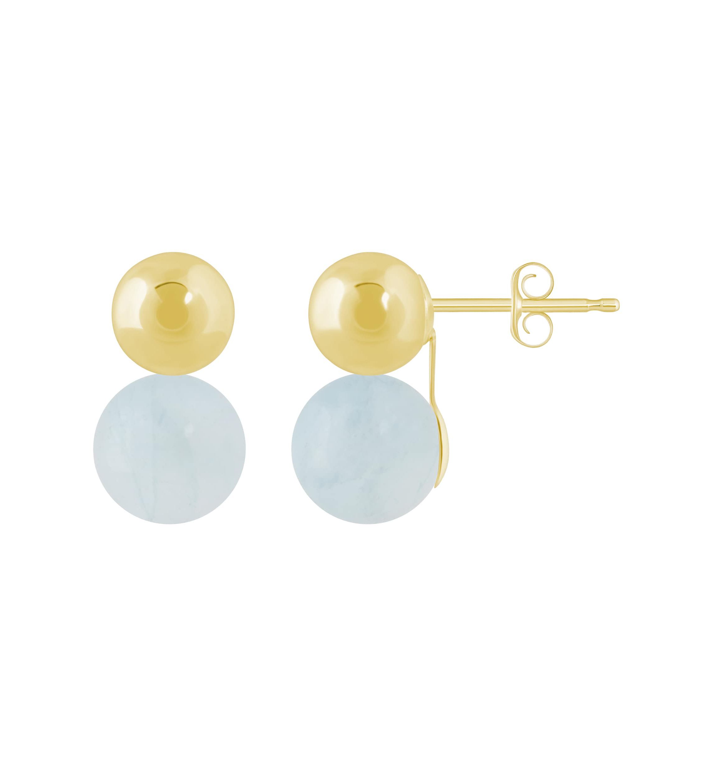 10K Yellow Gold 5mm Ball Stud with 6mm Sphere Milky Aquamarine Drop Earrings