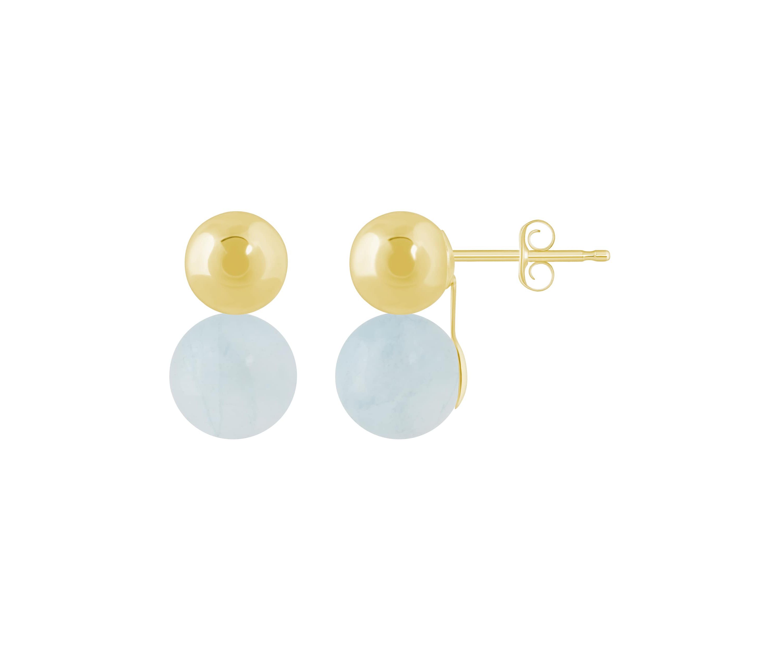10K Yellow Gold 5mm Ball Stud with 6mm Sphere Milky Aquamarine Drop Earrings
