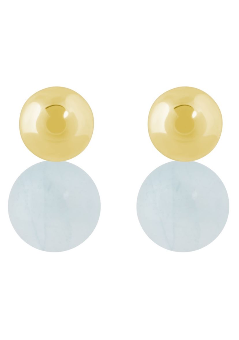 10K Yellow Gold 5mm Ball Stud with 6mm Sphere Milky Aquamarine Drop Earrings
