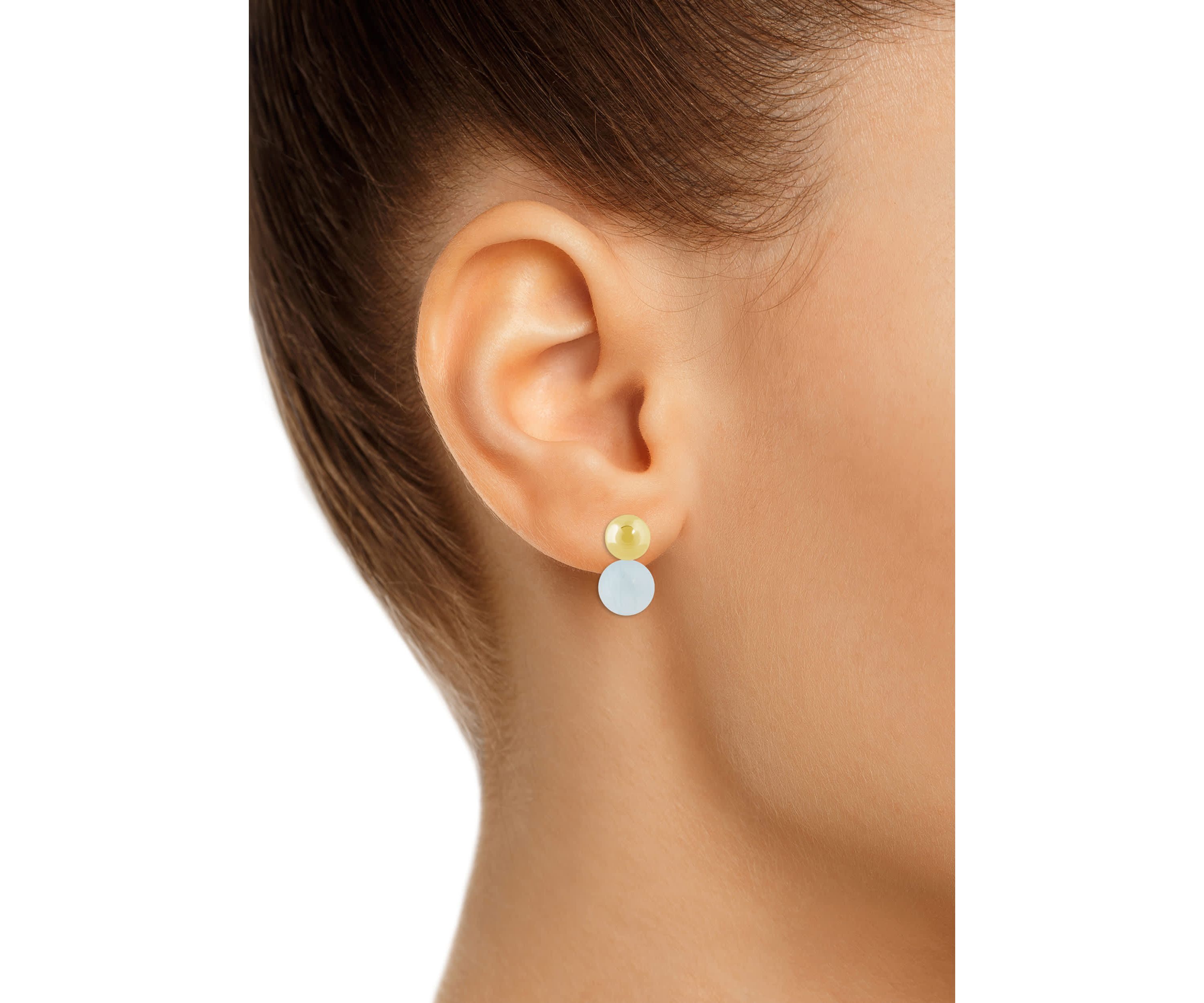 10K Yellow Gold 5mm Ball Stud with 6mm Sphere Milky Aquamarine Drop Earrings