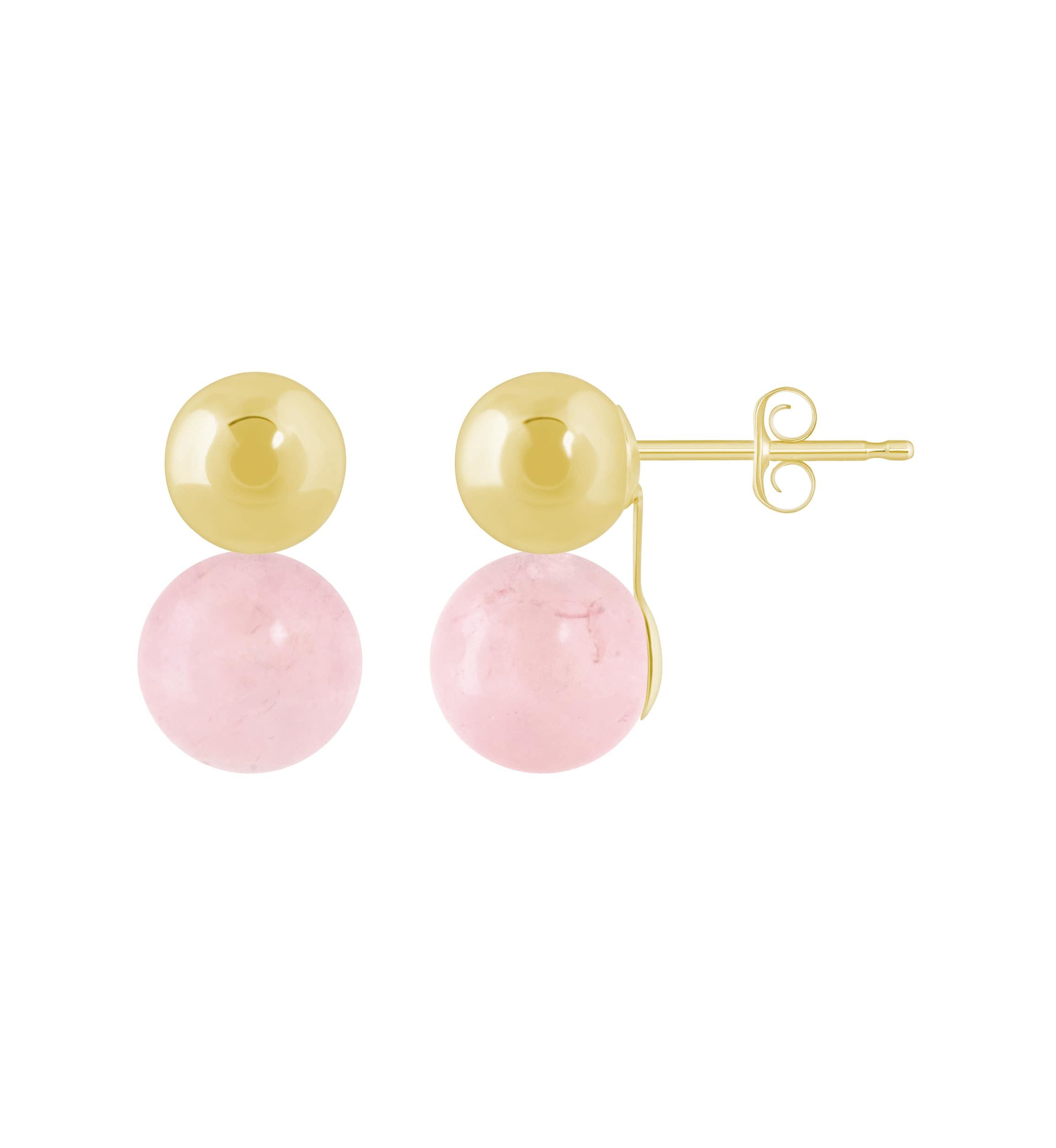 10K Yellow Gold 5mm Ball Stud with 6mm Sphere Rose Quartz Drop Earrings