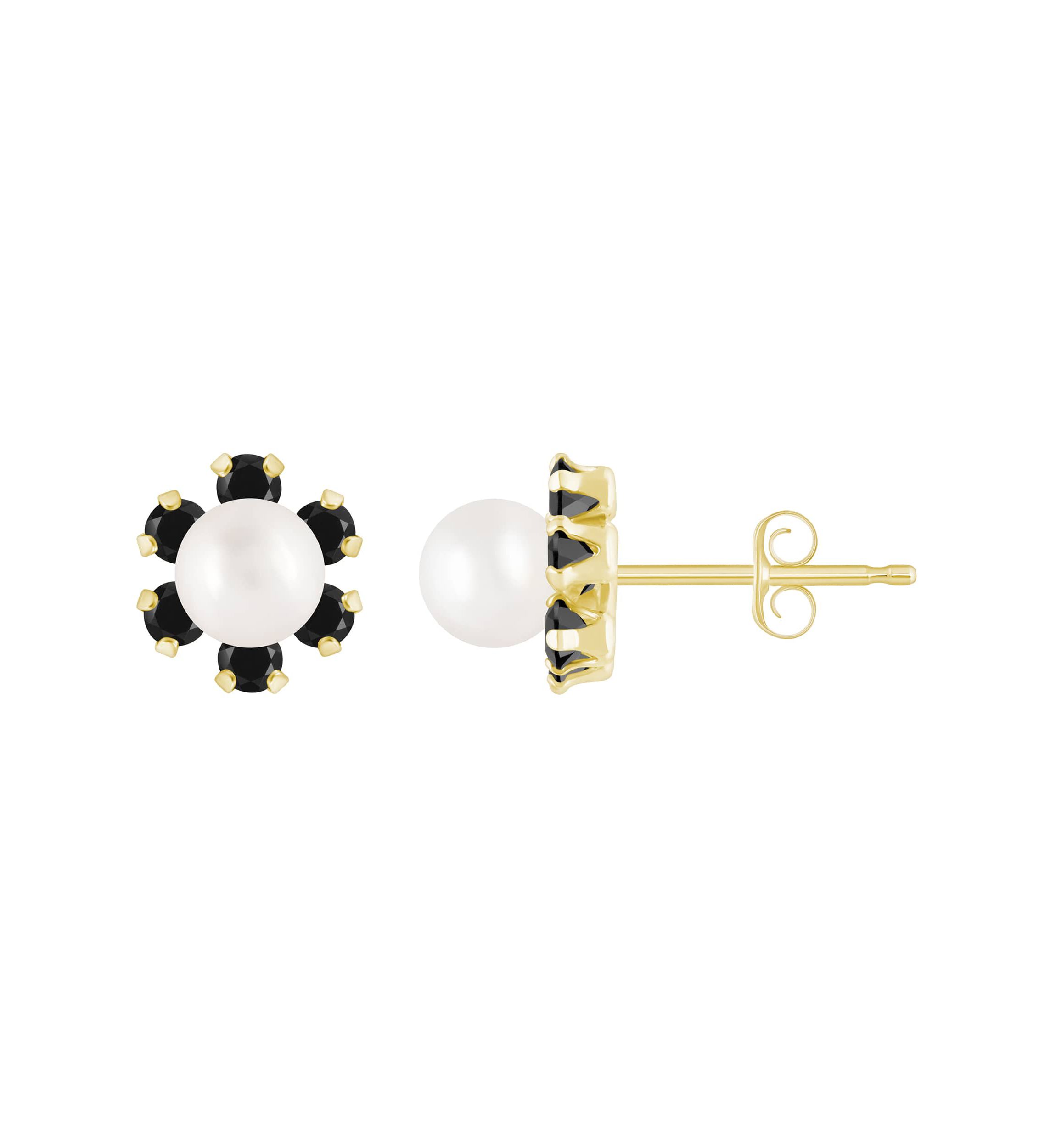 10K Yellow Gold 4mm Round Pearl with Black Onyx Accents Earrings