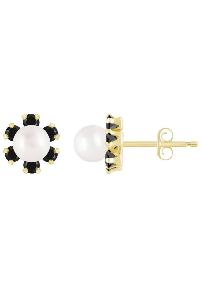 10K Yellow Gold 4mm Round Pearl with Black Onyx Accents Earrings
