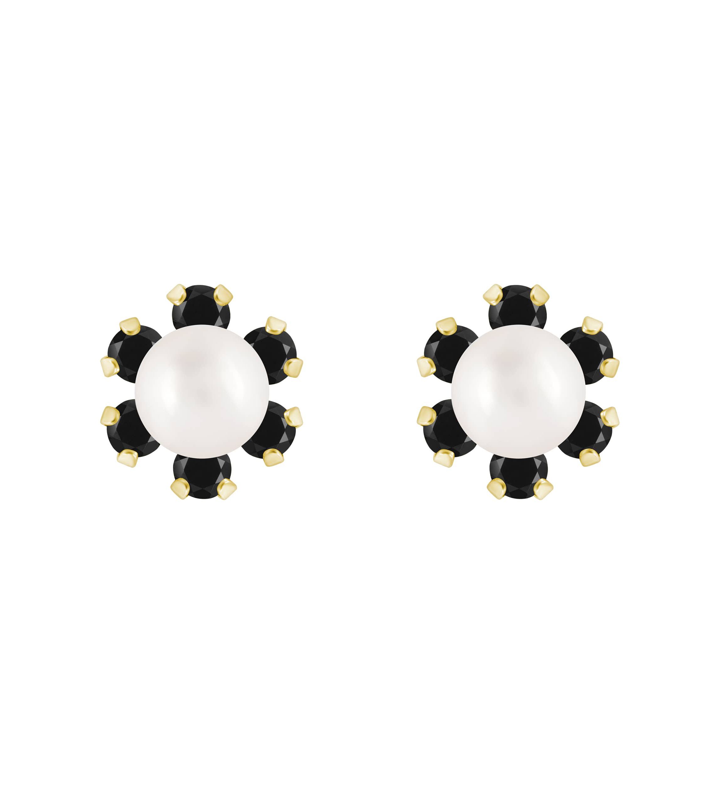 10K Yellow Gold 4mm Round Pearl with Black Onyx Accents Earrings