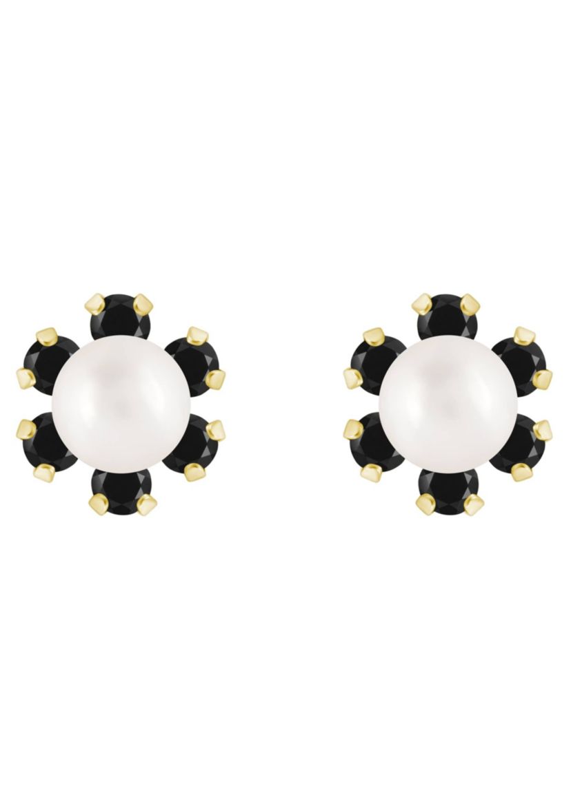 10K Yellow Gold 4mm Round Pearl with Black Onyx Accents Earrings