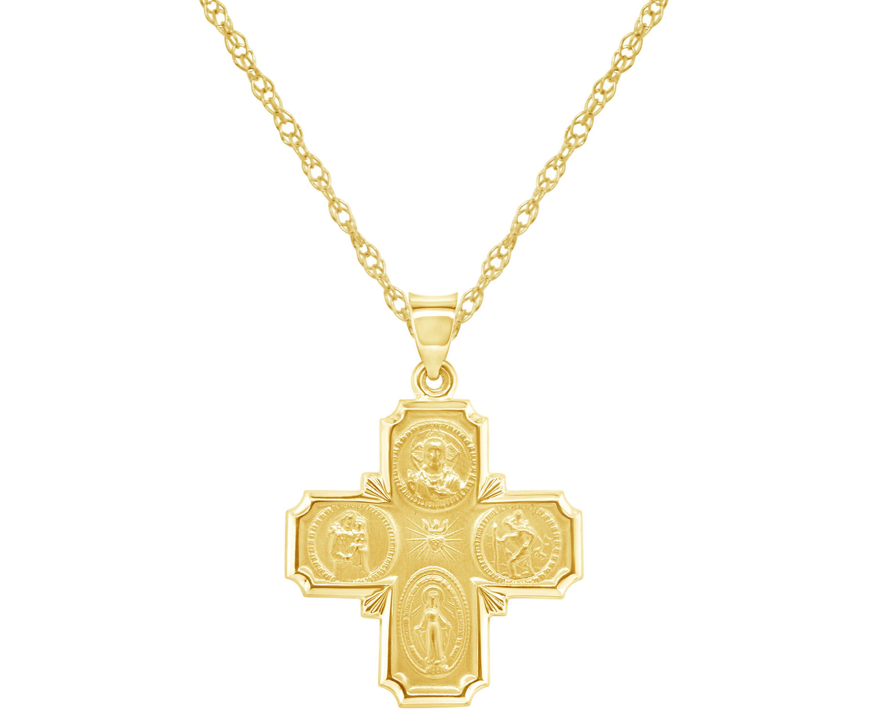 14K Yellow Gold Saints Medallions Cross Pendant Necklace