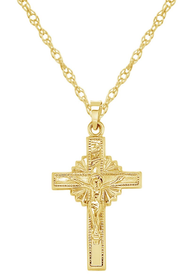 14K Yellow Gold Crucifix Cross Pendant Necklace