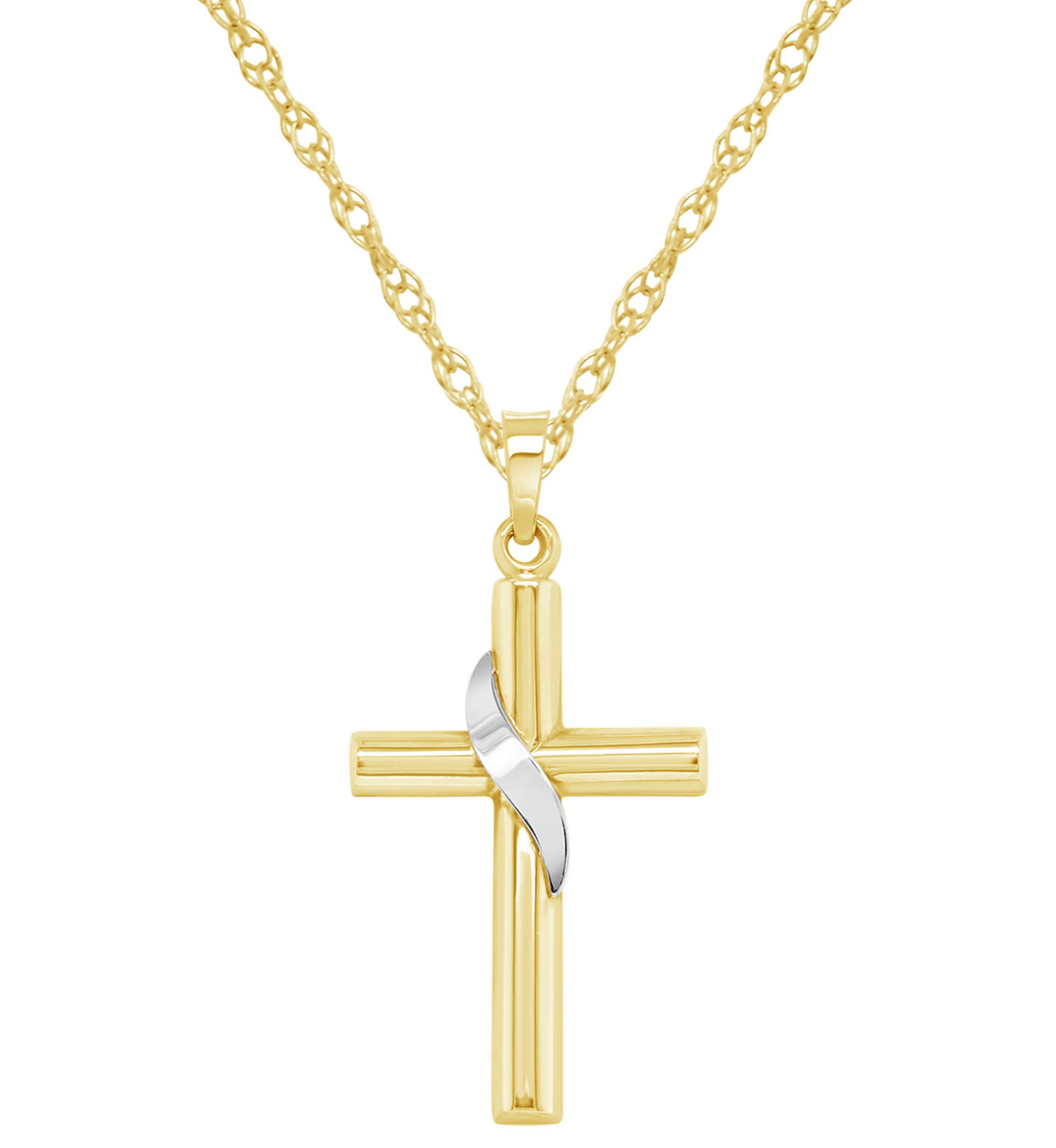 14K Two Tone Gold Cross Pendant Necklace