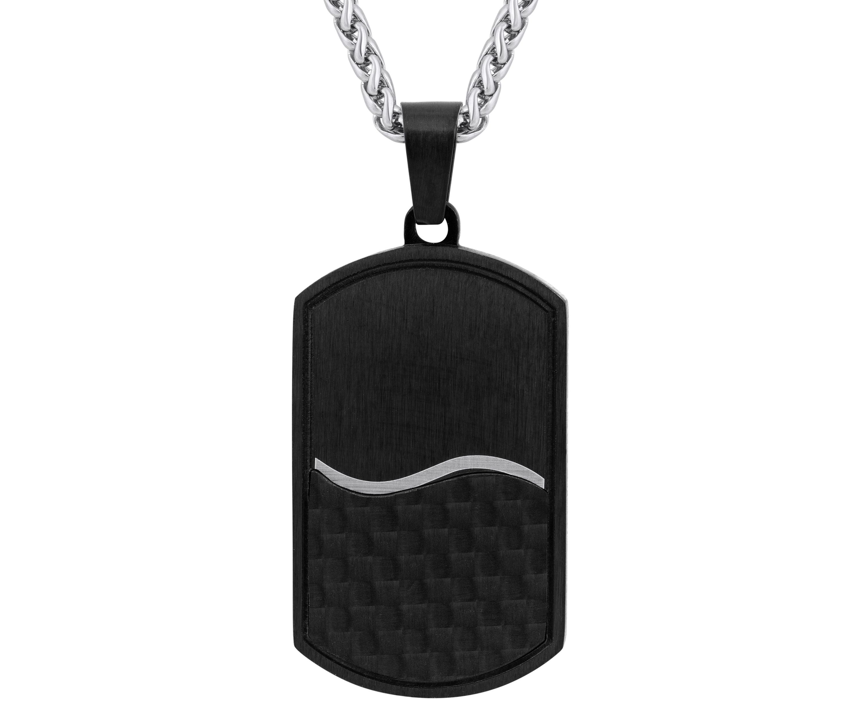 Mens Black Ion-Plated Stainless Steel & Carbon Fiber Dog Tag Pendant