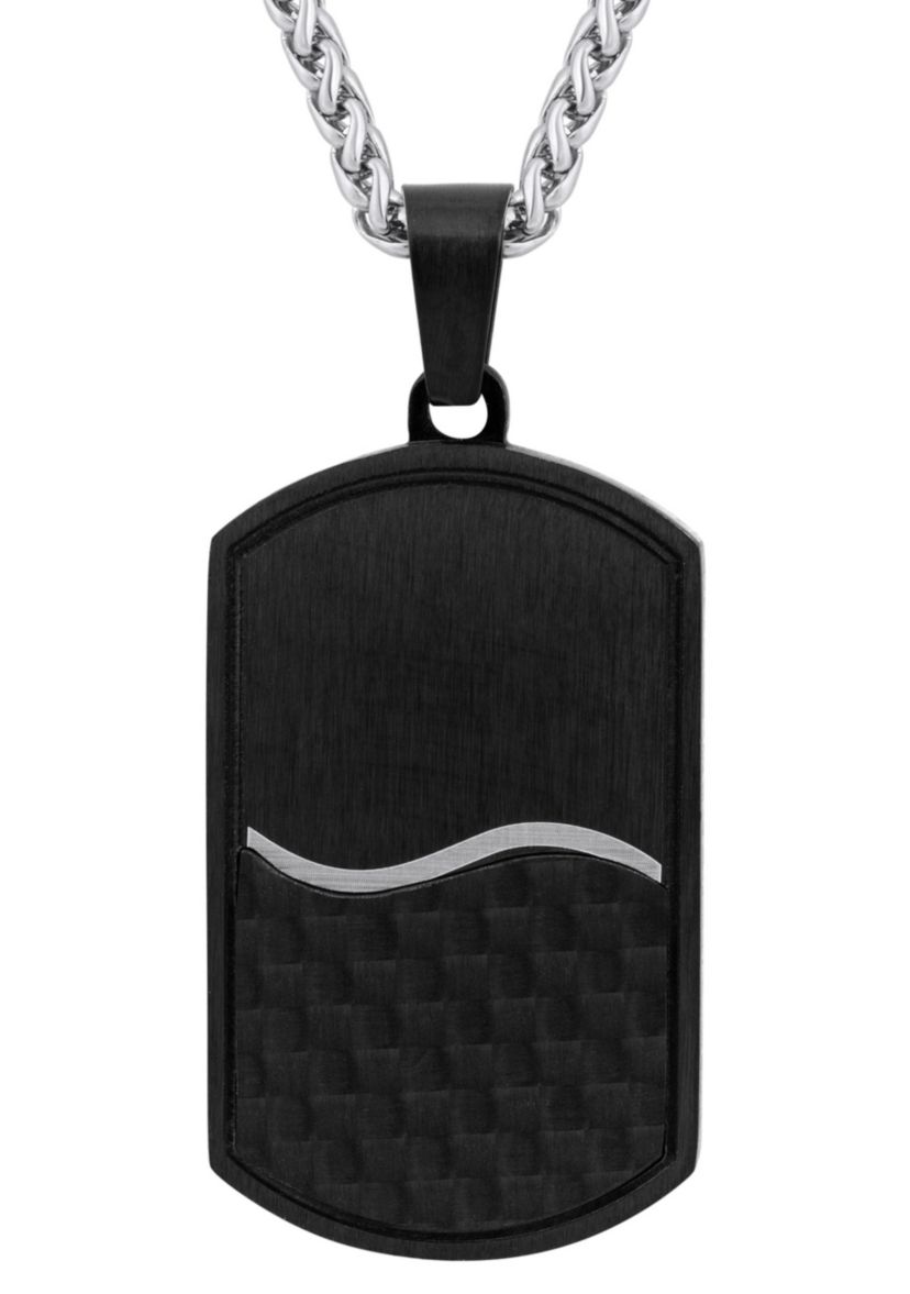 Mens Black Ion-Plated Stainless Steel & Carbon Fiber Dog Tag Pendant