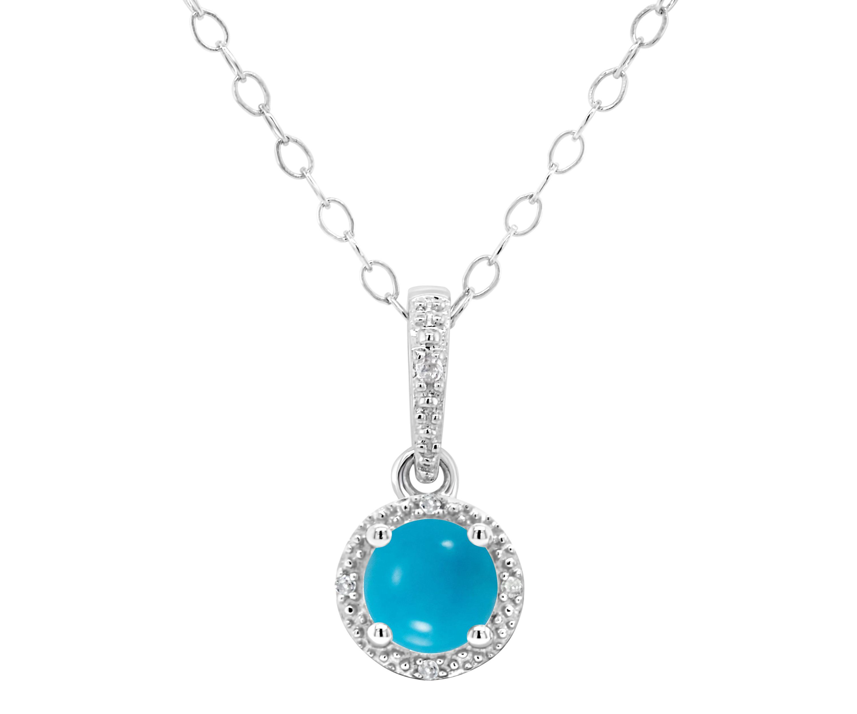 Sterling Silver 6mm Round Turquoise Diamond Accent Halo Pendant Necklace