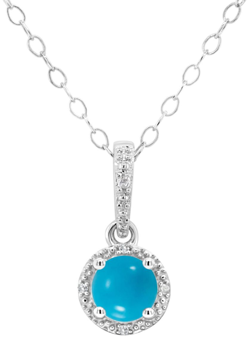 Sterling Silver 6mm Round Turquoise Diamond Accent Halo Pendant Necklace