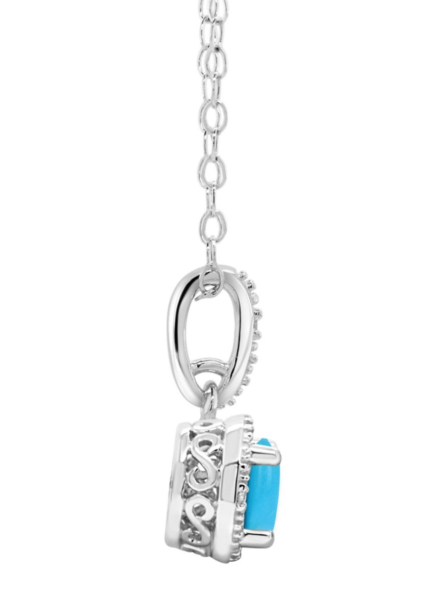 Sterling Silver 6mm Round Turquoise Diamond Accent Halo Pendant Necklace