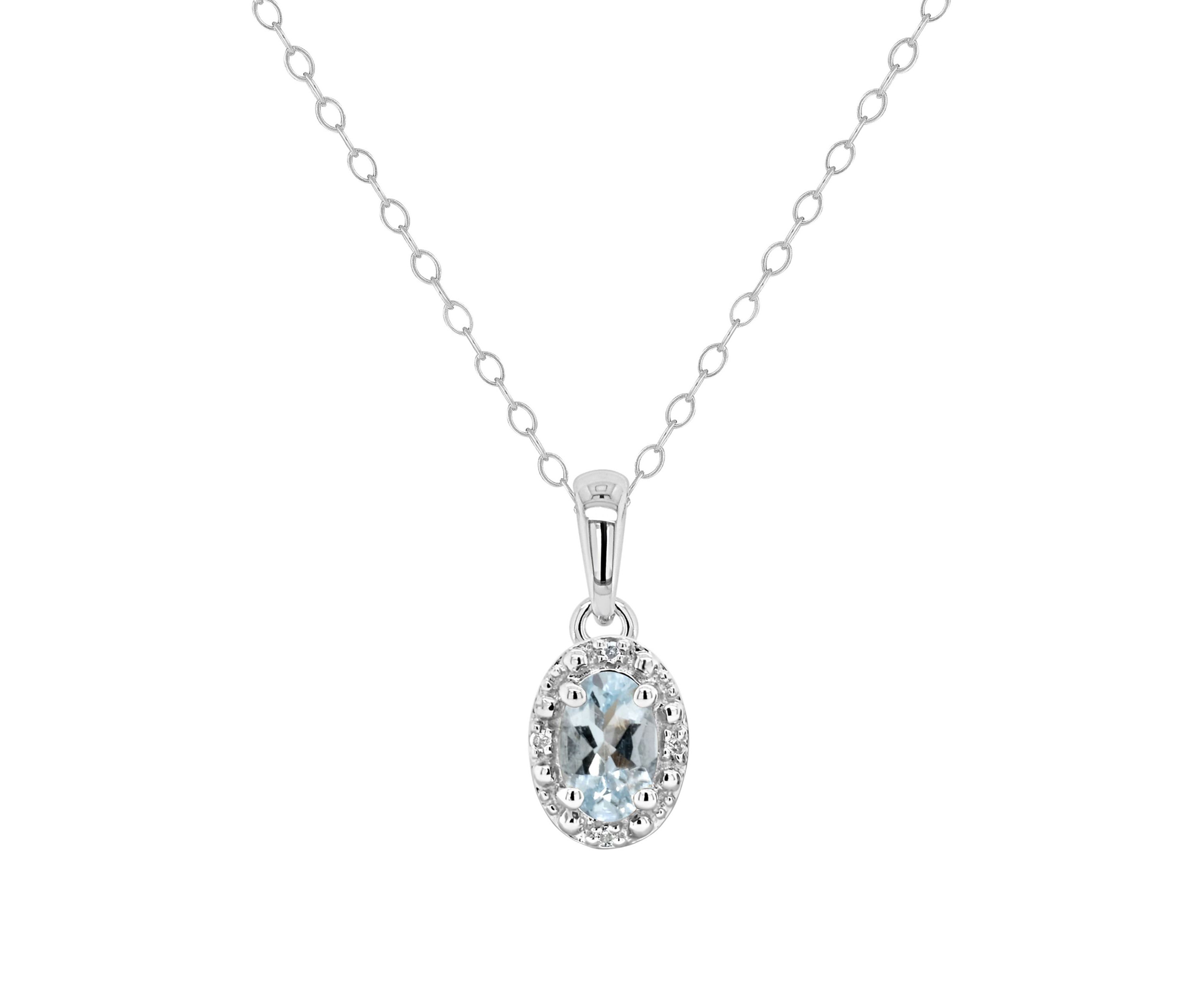Sterling Silver 6x4mm Oval Aquamarine Diamond Accent Halo Pendant Necklace