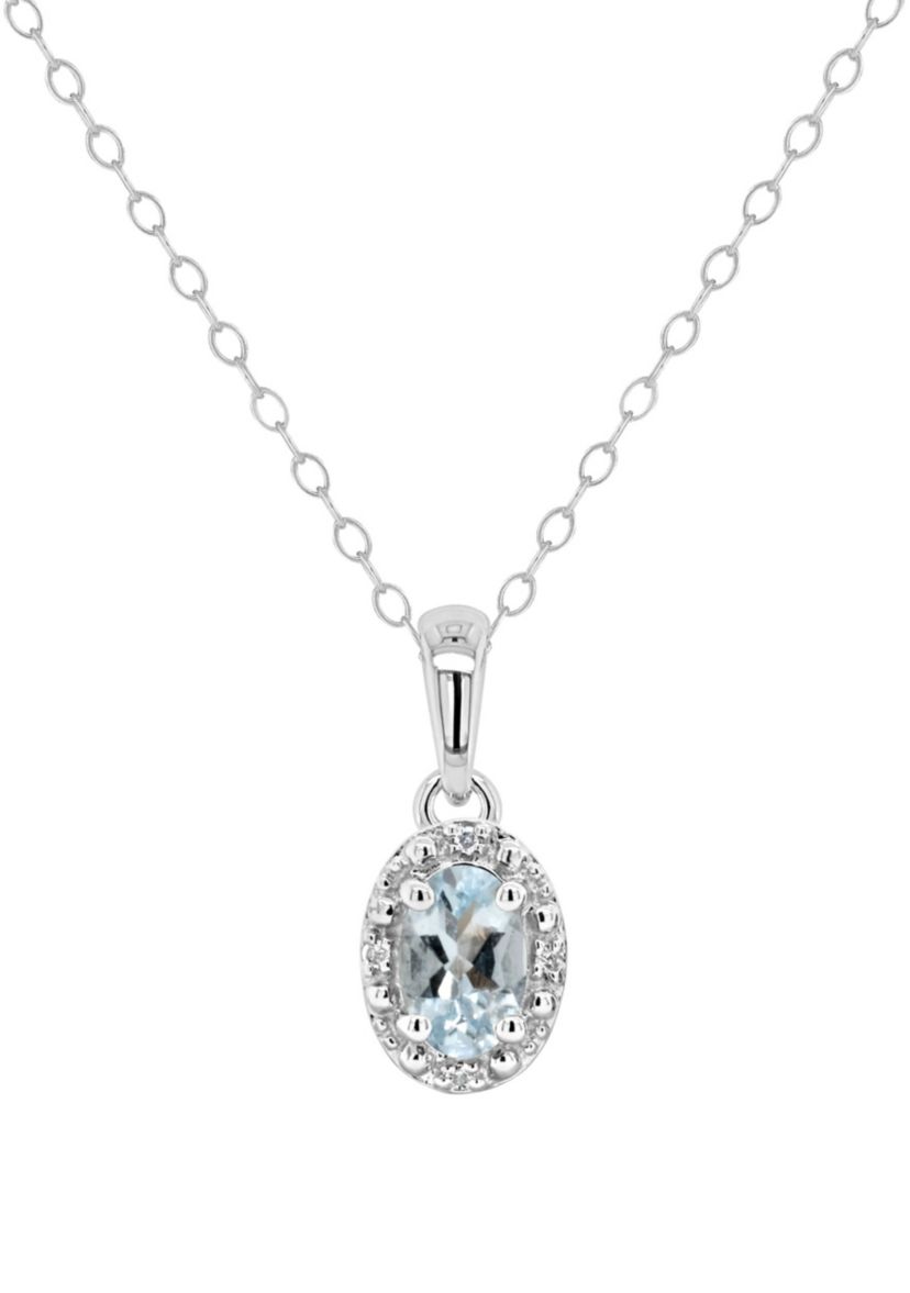 Sterling Silver 6x4mm Oval Aquamarine Diamond Accent Halo Pendant Necklace