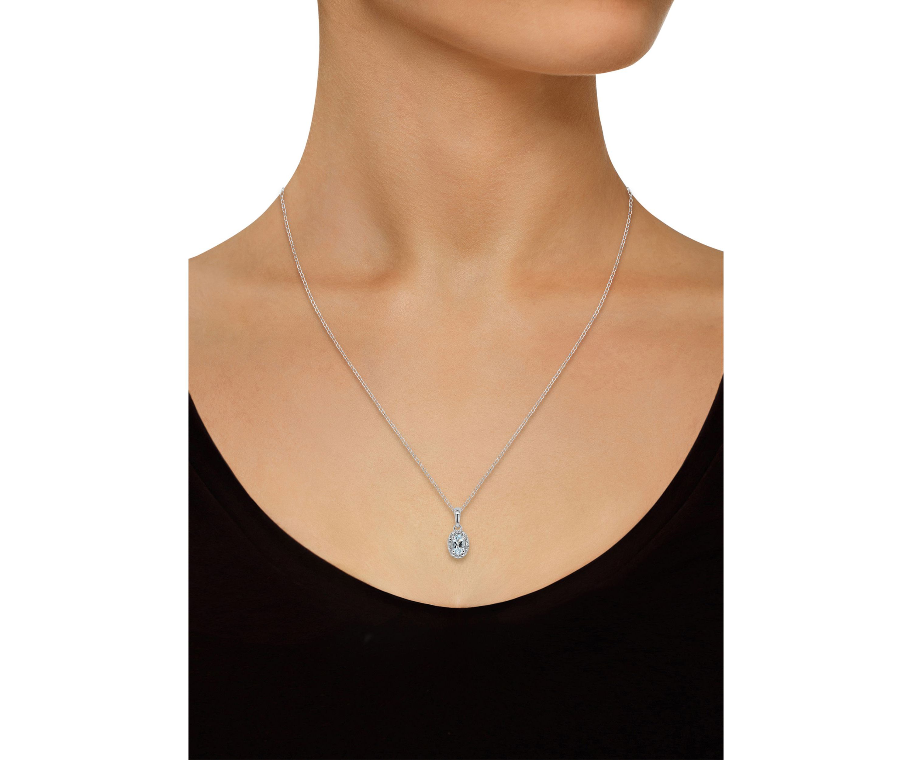 Sterling Silver 6x4mm Oval Aquamarine Diamond Accent Halo Pendant Necklace