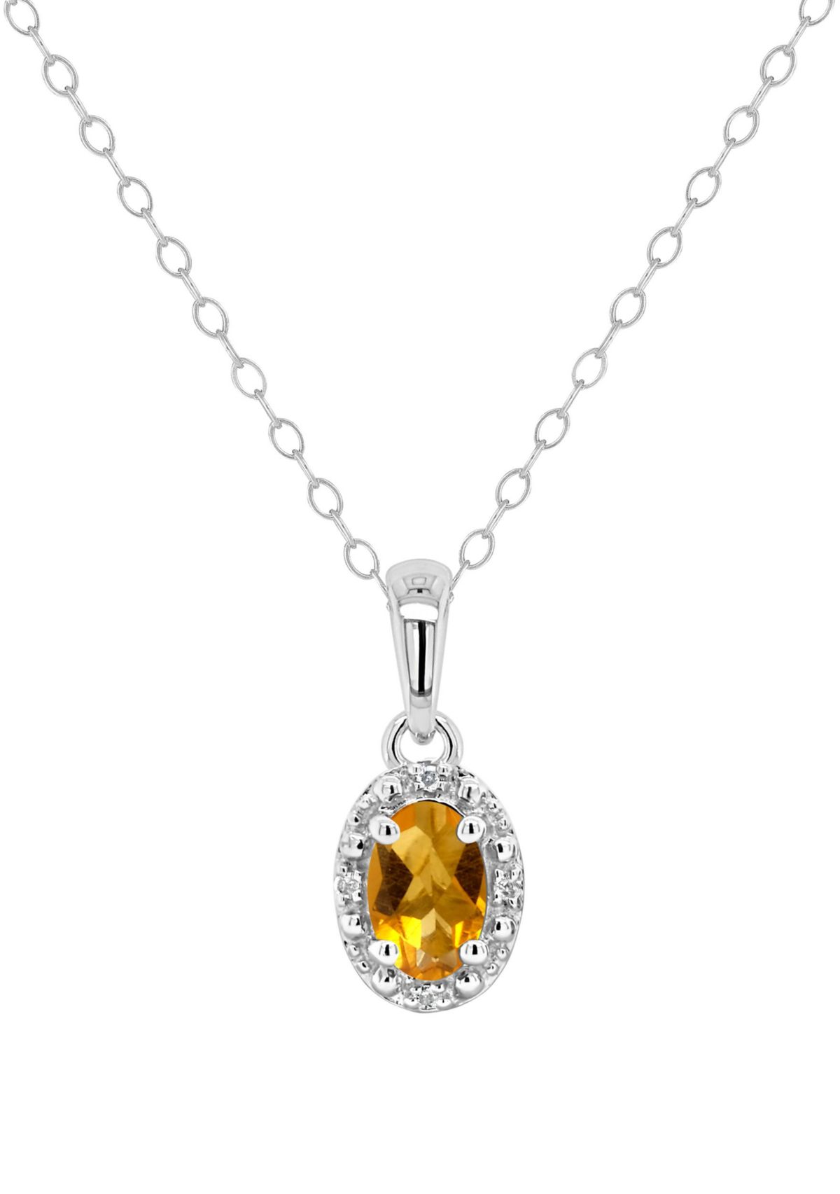 Sterling Silver 6x4mm Oval Citrine Diamond Accent Halo Pendant Necklace