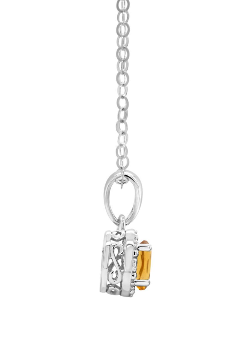Sterling Silver 6x4mm Oval Citrine Diamond Accent Halo Pendant Necklace