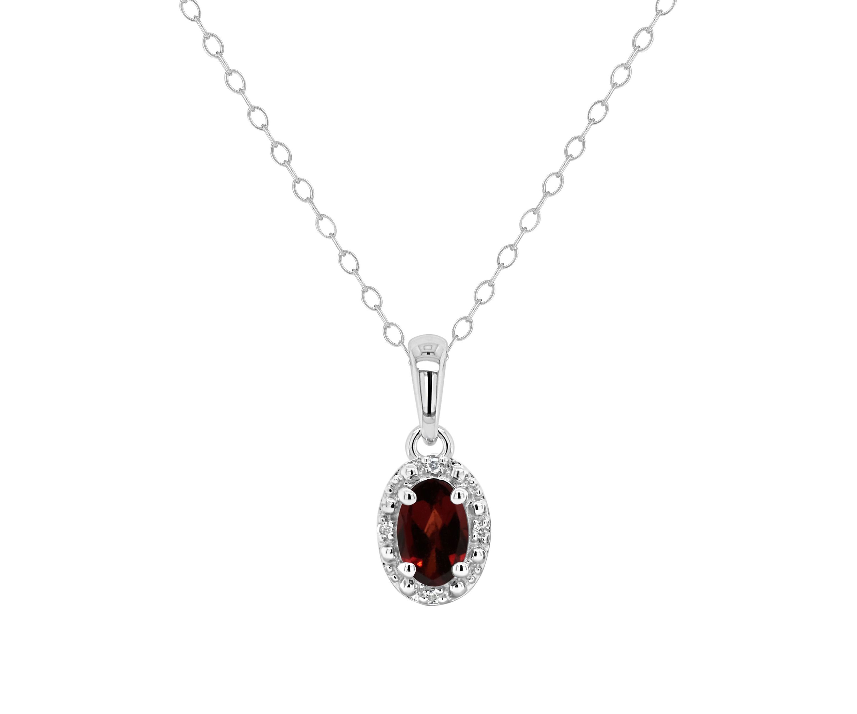 Sterling Silver 6x4mm Oval Garnet Diamond Accent Halo Pendant Necklace
