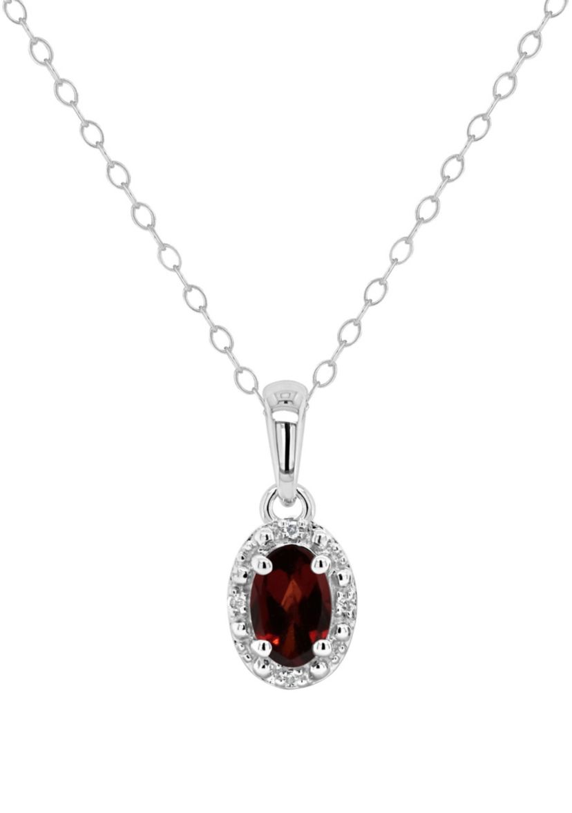 Sterling Silver 6x4mm Oval Garnet Diamond Accent Halo Pendant Necklace
