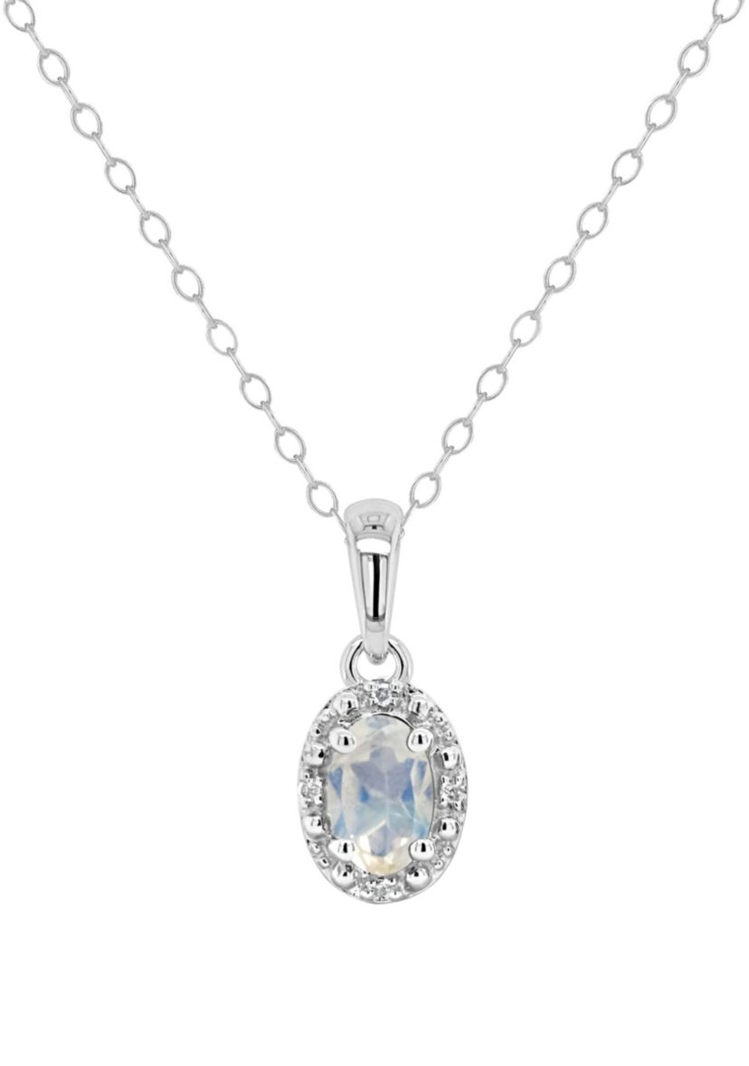 Sterling Silver 6x4mm Oval Moonstone Diamond Accent Halo Pendant Necklace