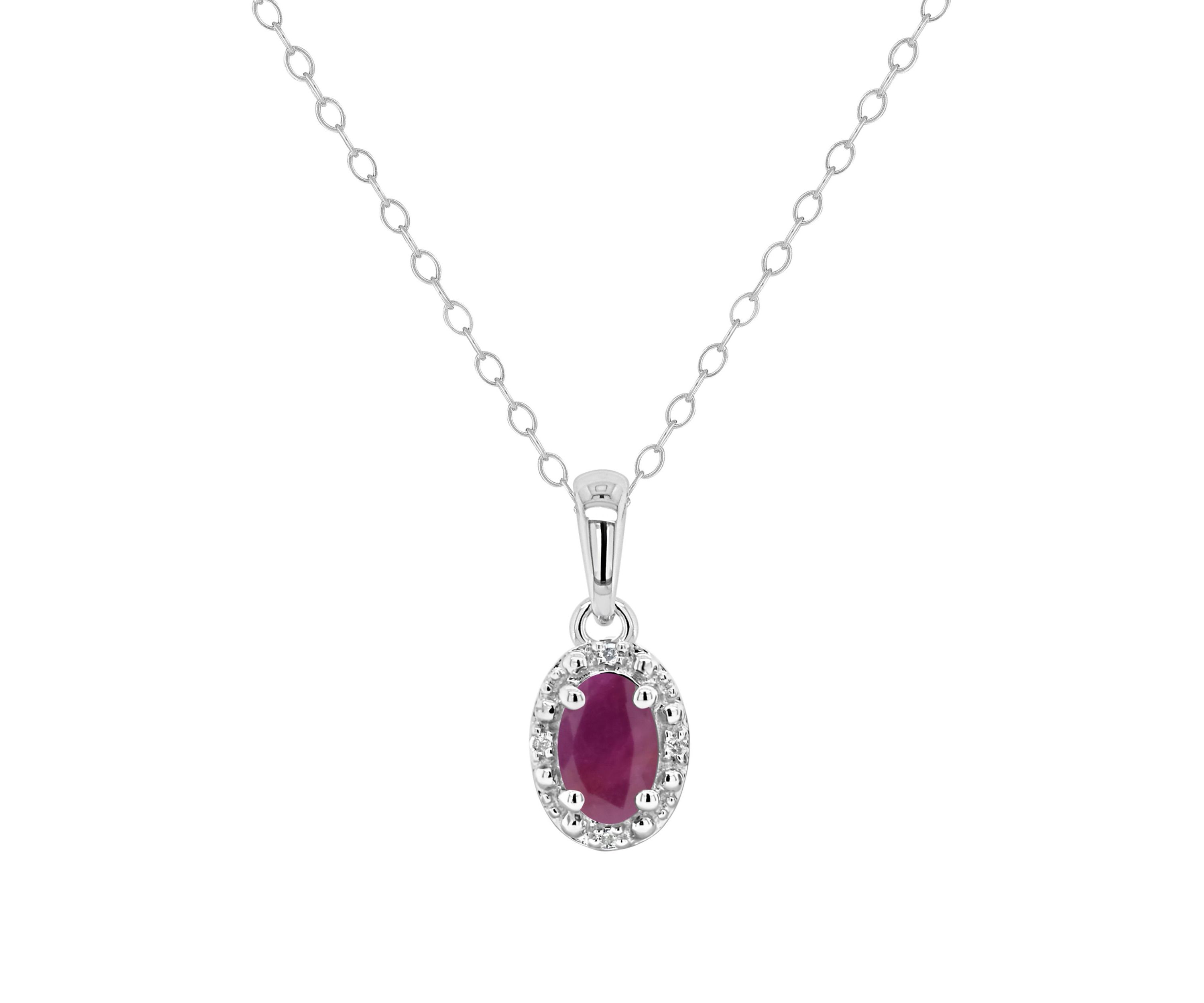 Sterling Silver 6x4mm Oval Ruby Diamond Accent Halo Pendant Necklace