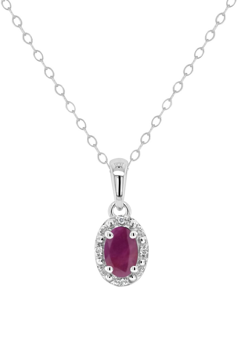 Sterling Silver 6x4mm Oval Ruby Diamond Accent Halo Pendant Necklace