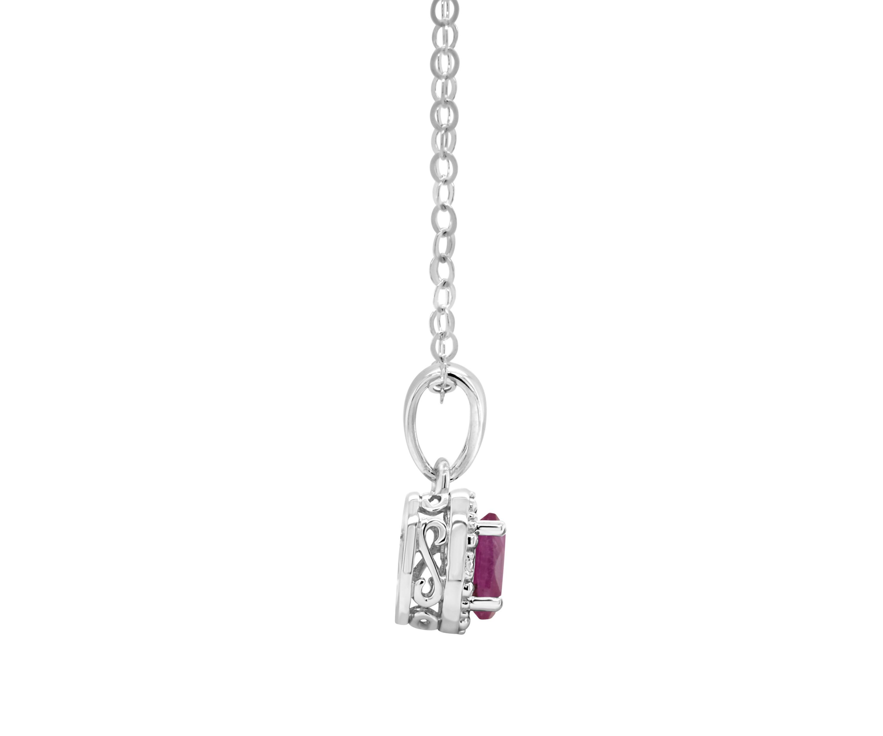 Sterling Silver 6x4mm Oval Ruby Diamond Accent Halo Pendant Necklace