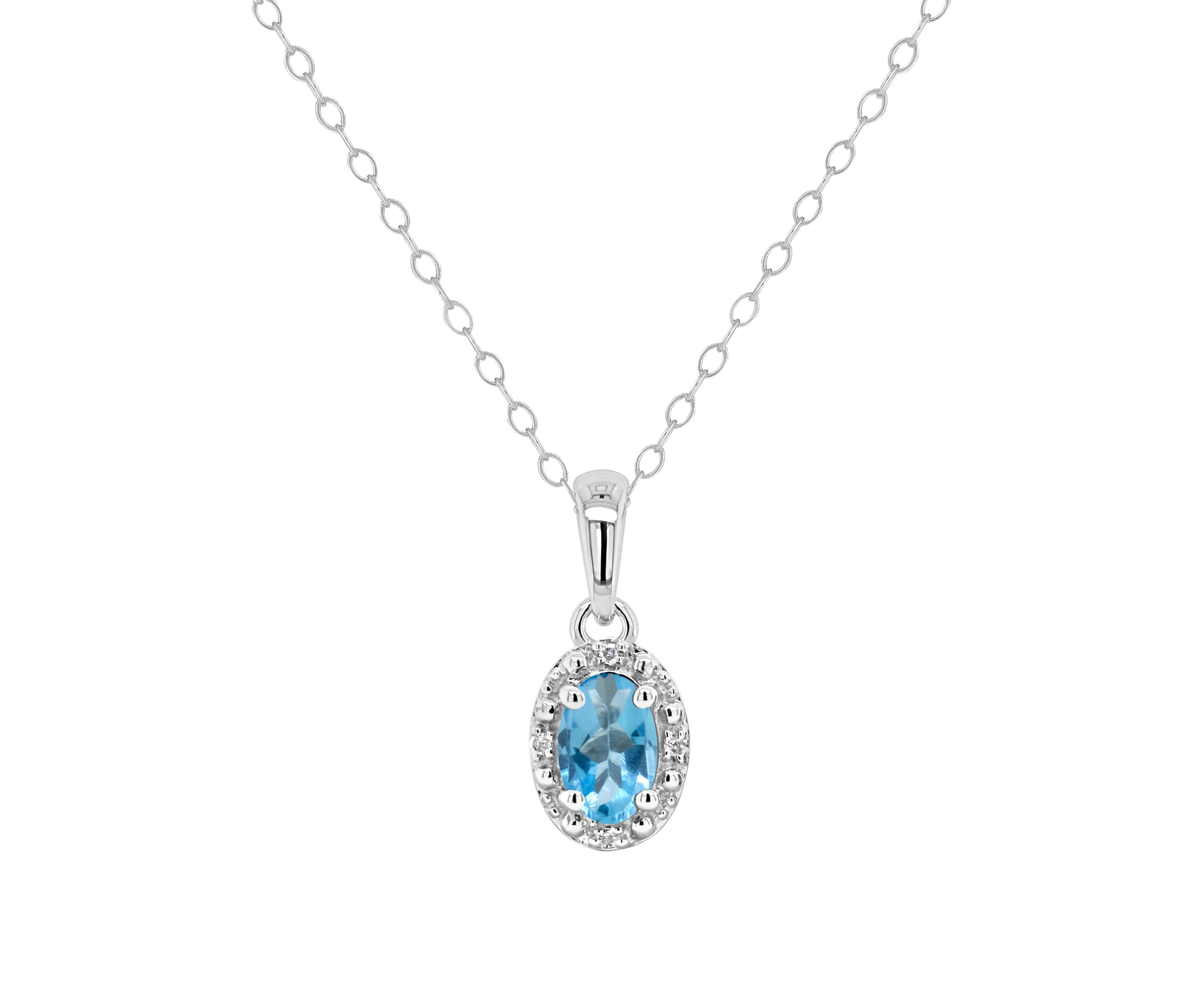 Sterling Silver 6x4mm Oval Blue Topaz Diamond Accent Halo Pendant Necklace
