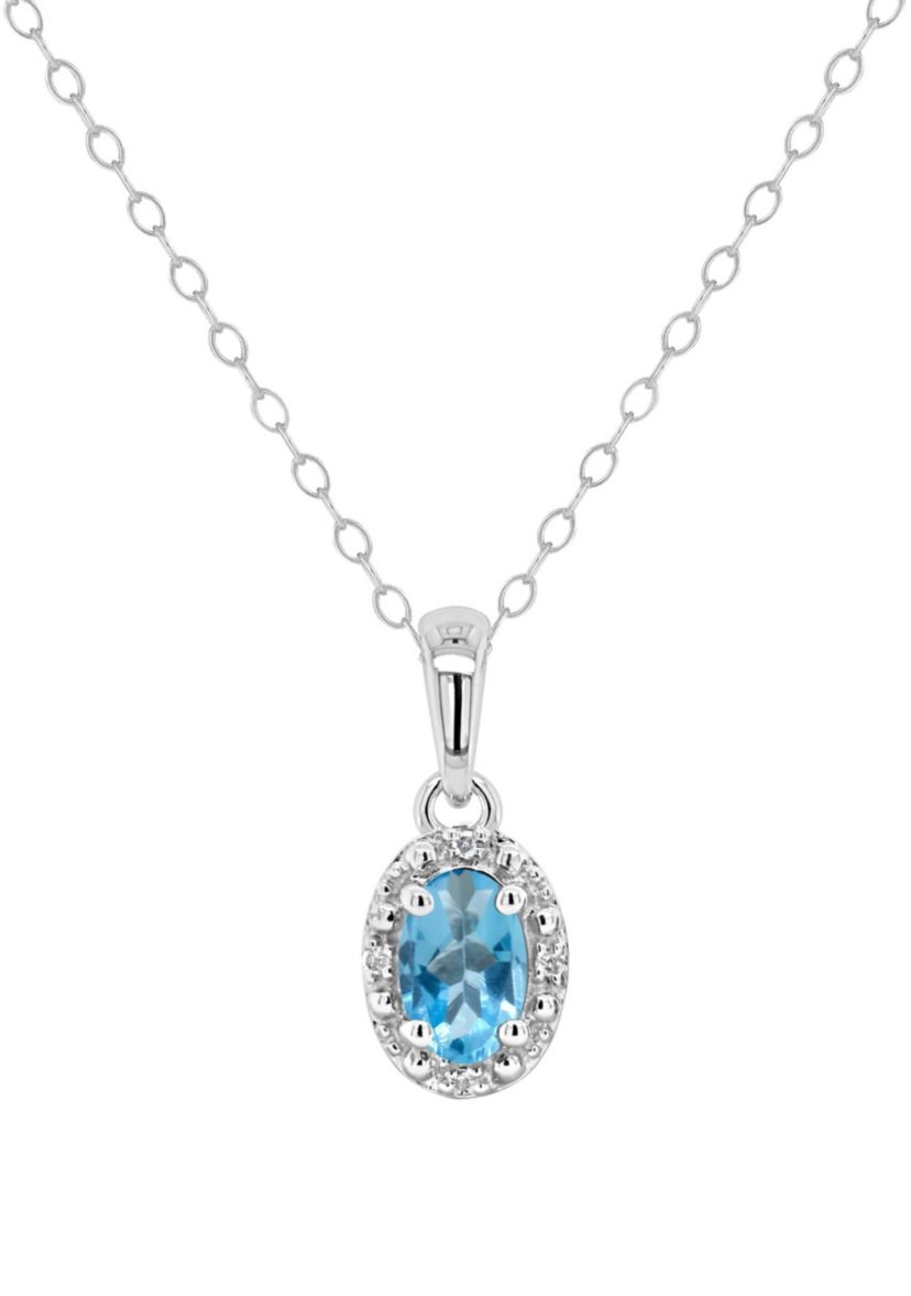 Sterling Silver 6x4mm Oval Blue Topaz Diamond Accent Halo Pendant Necklace