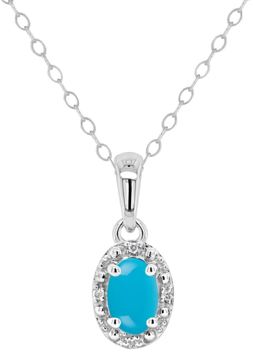 Sterling Silver 6x4mm Oval Turquoise Diamond Accent Halo Pendant Necklace