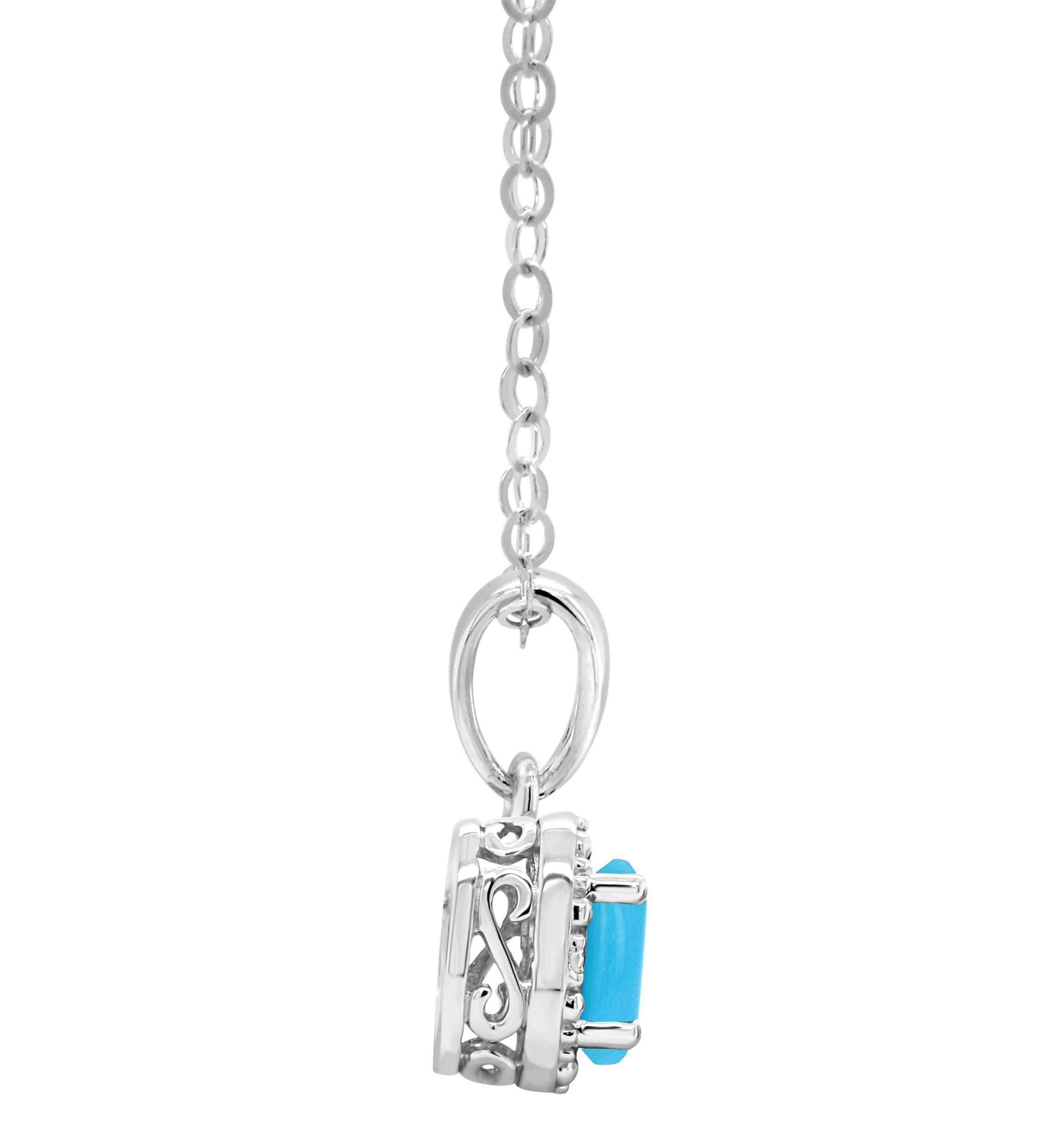 Sterling Silver 6x4mm Oval Turquoise Diamond Accent Halo Pendant Necklace
