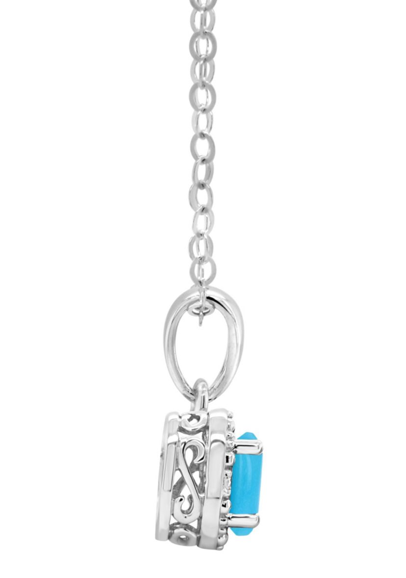 Sterling Silver 6x4mm Oval Turquoise Diamond Accent Halo Pendant Necklace